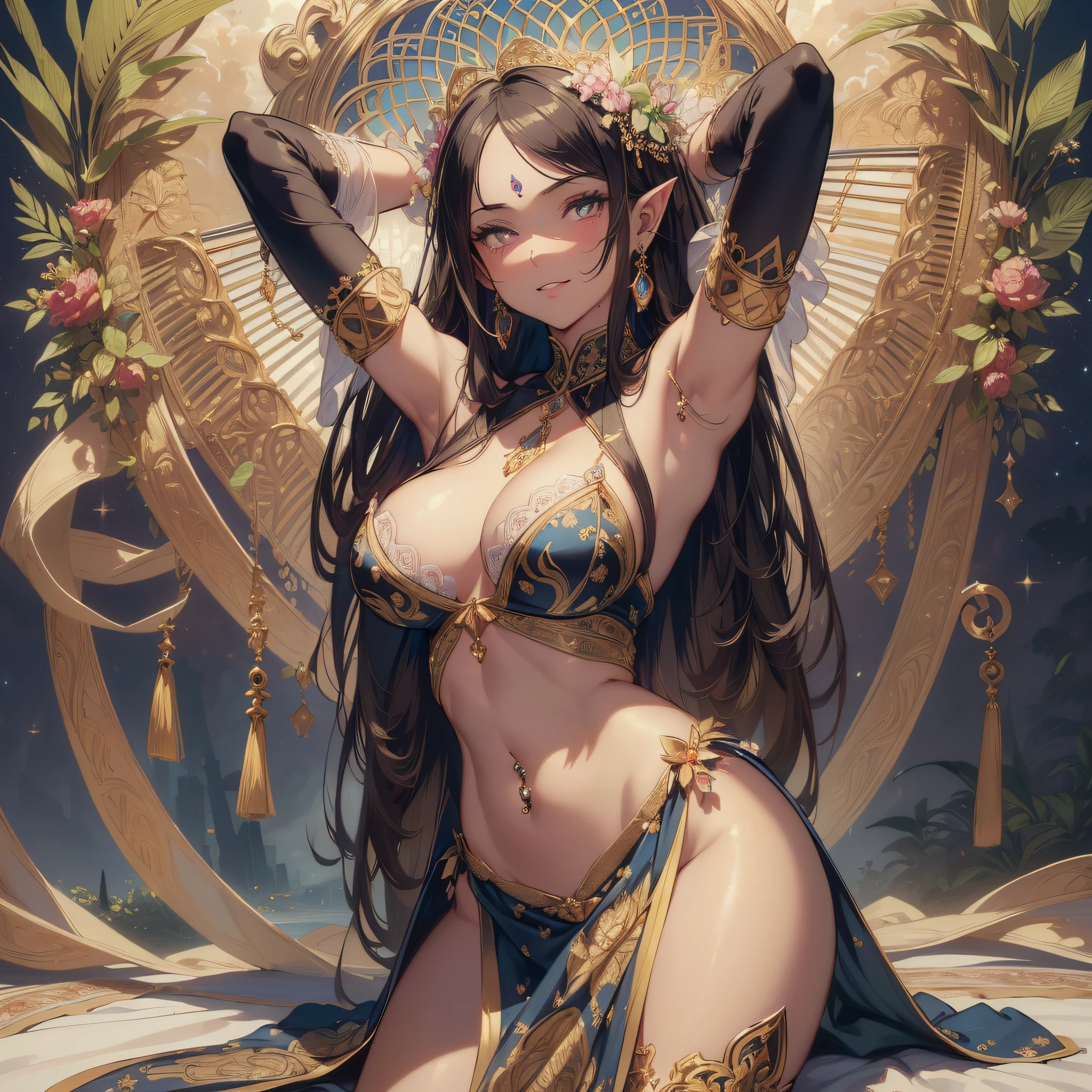 (masterpiece, best quality, ultra-detailed, illustration, painting), best illumination, finely detailed, (poster illustration:1.2), (2girls:1.4), (full body shot of a cute girl:1.2), (NSFW), oil painting by (Francois Boucher, (Alphonse mucha:0.8), Claude Monet, (Franz Xaver Winterhalter:0.8), (NORMAN ROCKWELL:0.8), (artgerm:0.8)), (intricate harem dancer outfit:1.2), (pelvic curtain:1.2), anklet, (neck ornament), (clothing cutout:1.2), (navel piercing:1.32), (arms behind head back:1.2), (posture showing armpits:1.2), (clear armpits:1.2), (full body:1.4), (large breasts:1.2), (cleavage:1.2), (covered, hair bowtie, gloves, (highheels:0.6), (PERFECT FACE:1.2), (SEXY FACE:1.2), (DETAILED PUPILS:1.2), (SMIRK), (HIGH DETAIL:1.2), SHARP, glitter many particles, ((intricate details)), ((highres)), (finely detailed), absurdres, soft lighting, beautifully detailed glow, indian summer skin tone, at the bay, clouds, skies, night, dark skin, pointy ears.