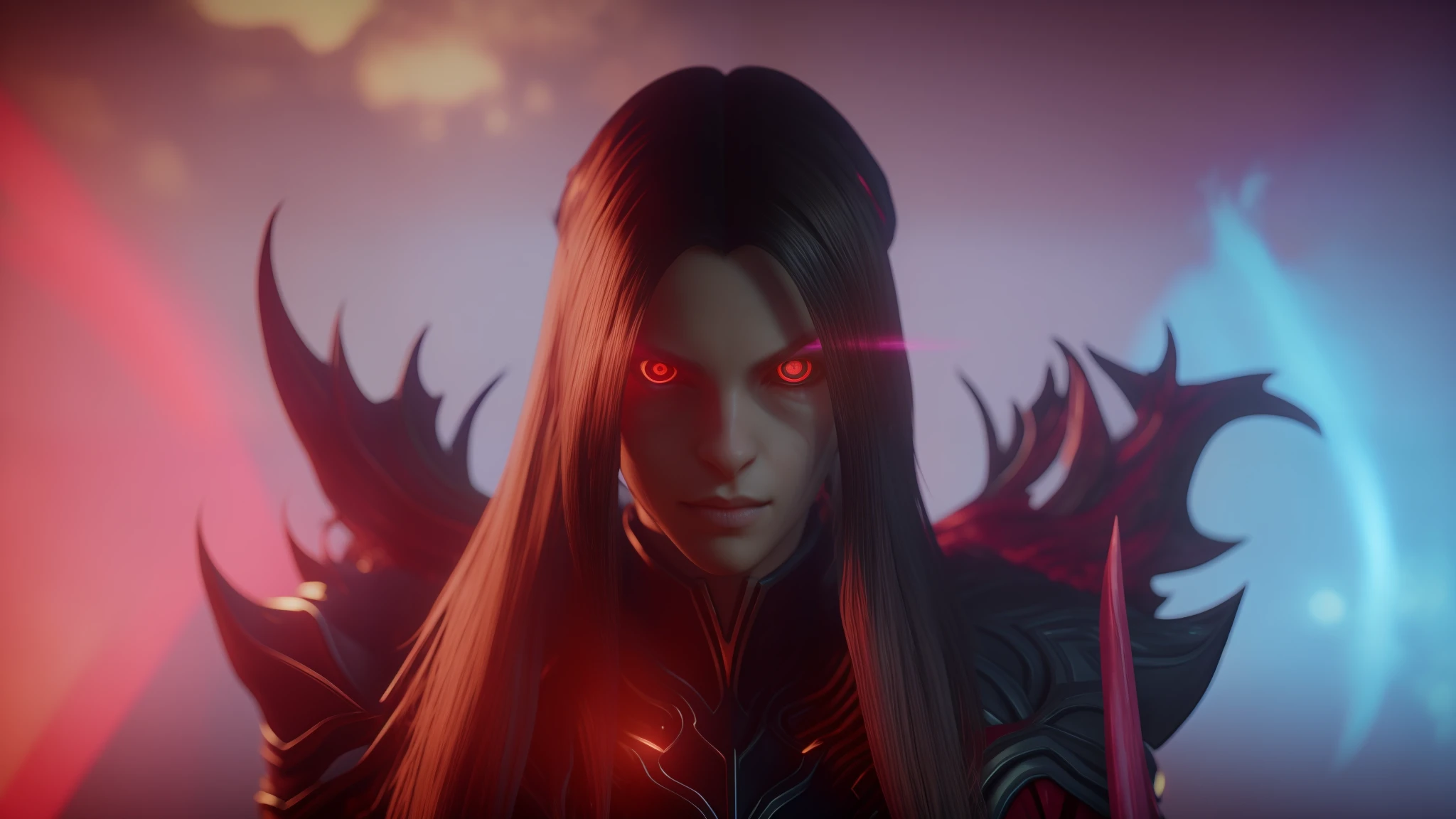 a close up of a person with long hair and red eyes, shadowbringers cinematic, elden ring boss, elden ring cinematic lighting, with glowing red eyes, with red glowing eyes, astri lohne, alucard, unreal engine render saint seiya, elden ring official, intense watery glowing red eyes, from lineage 2, cinematic red lighting