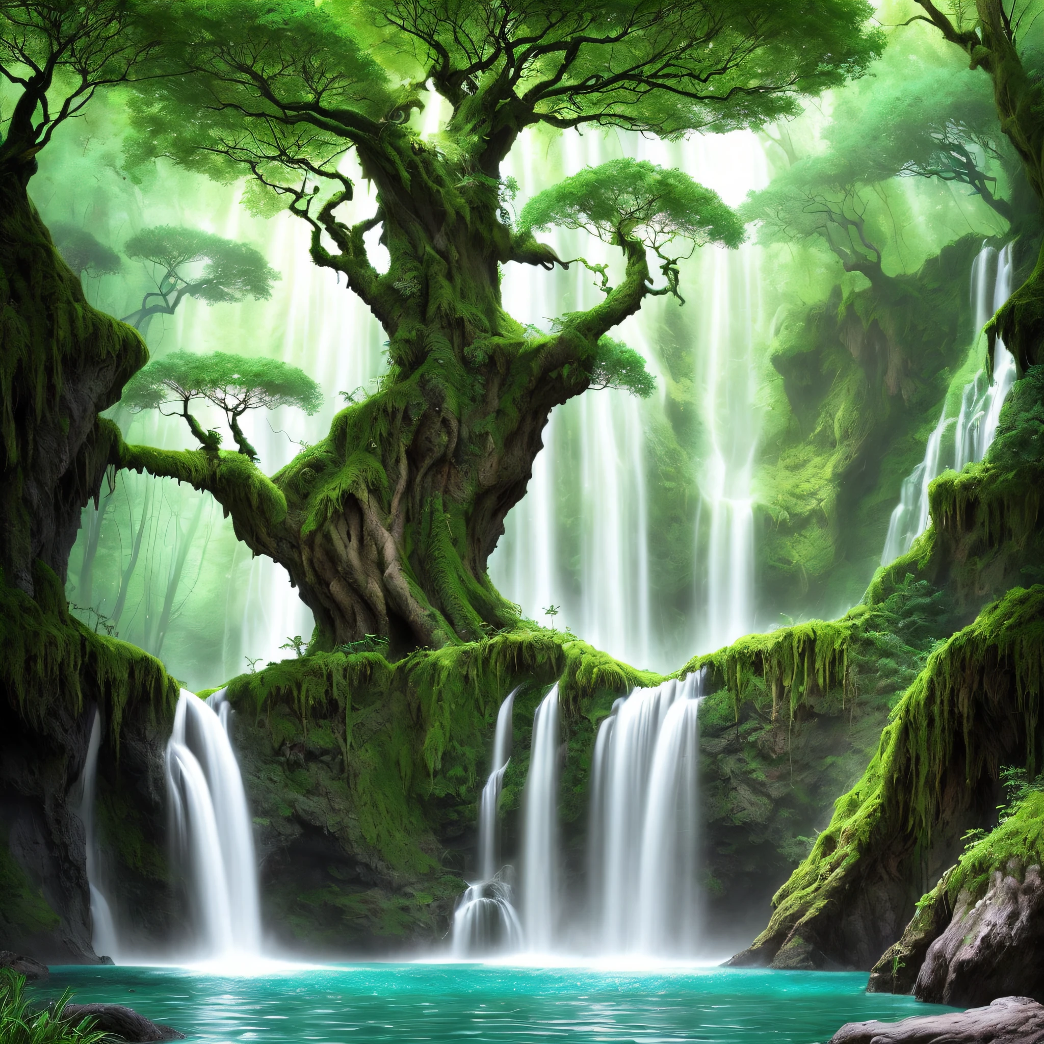 Generate a surreal image that combines elements of nature with technological elements. Imagine a lush landscape with giant trees whose branches resemble electrical wires. On the horizon, there's a waterfall flowing down, but instead of water, it's made up of lines of code. As you move deeper into the image, you discover radiant flowers emitting brilliant lights and holograms of fantastical animals. The scene is bathed in vivid and saturated tones, creating a magical and futuristic atmosphere.