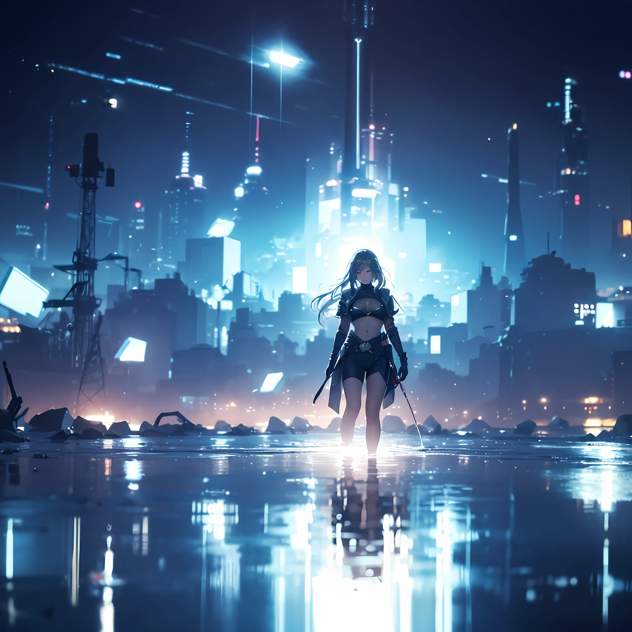 (masterpiece, best quality), (finely detailed beautiful eyes), (finely detailed eyes and detailed face), (scenery), (ultra-detailed, best shadow), ((depth of field)), beautiful concept illustration, (illustration), (extremely fine and beautiful), (perfect details),8k
,A woman blending into a world of fantastic light,Reflections of the water's edge shine,Starlight pours down.,Receive a shower of light with your whole body.,An out-of-this-world scene,horizon,Left alone in a collapsing world, but stepping out to live strongly,Revealing leather combat uniform for ease of movement,He could only escape with a small pistol.,stomach cutout,underboob,gloves,