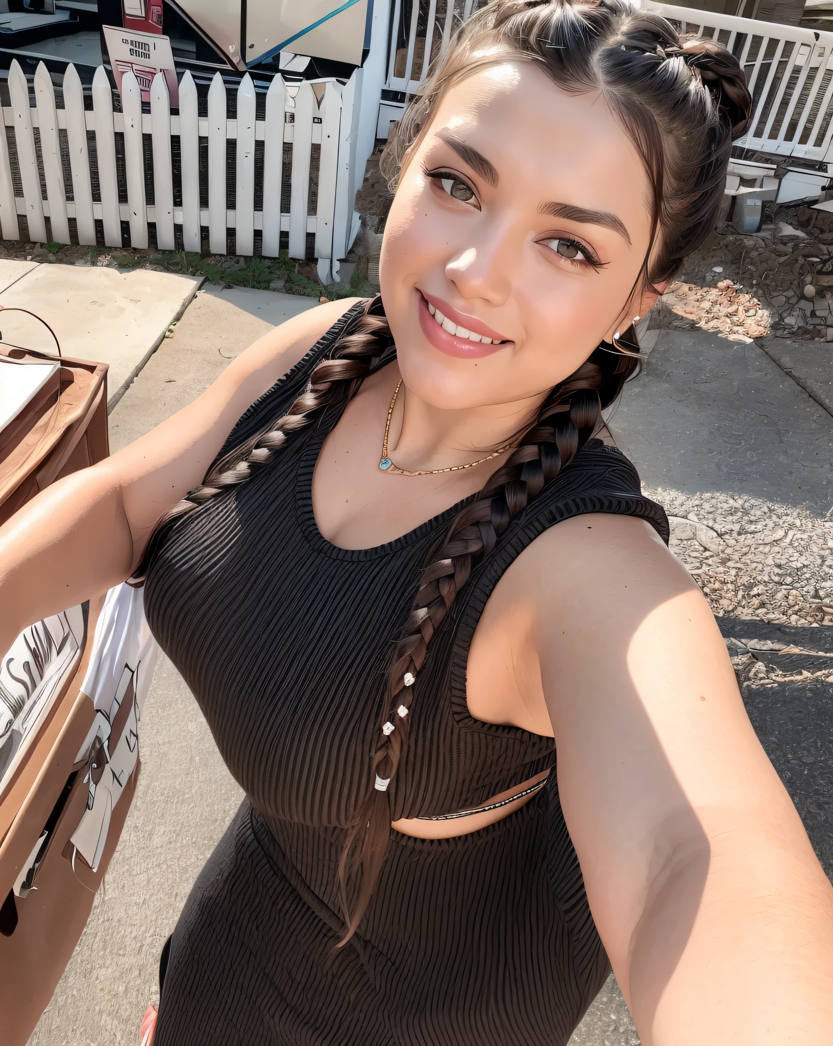 there is a woman taking a selfie with her cell phone, 3 0 years old woman, 30 years old woman, selfie de uma jovem mulher, com rabo-de-porco preto, violeta myers, long black braided hair, 2 3 years old, long black braided hair, woman with braided brown hair, Alanis Guillen, she is wearing a black tank top