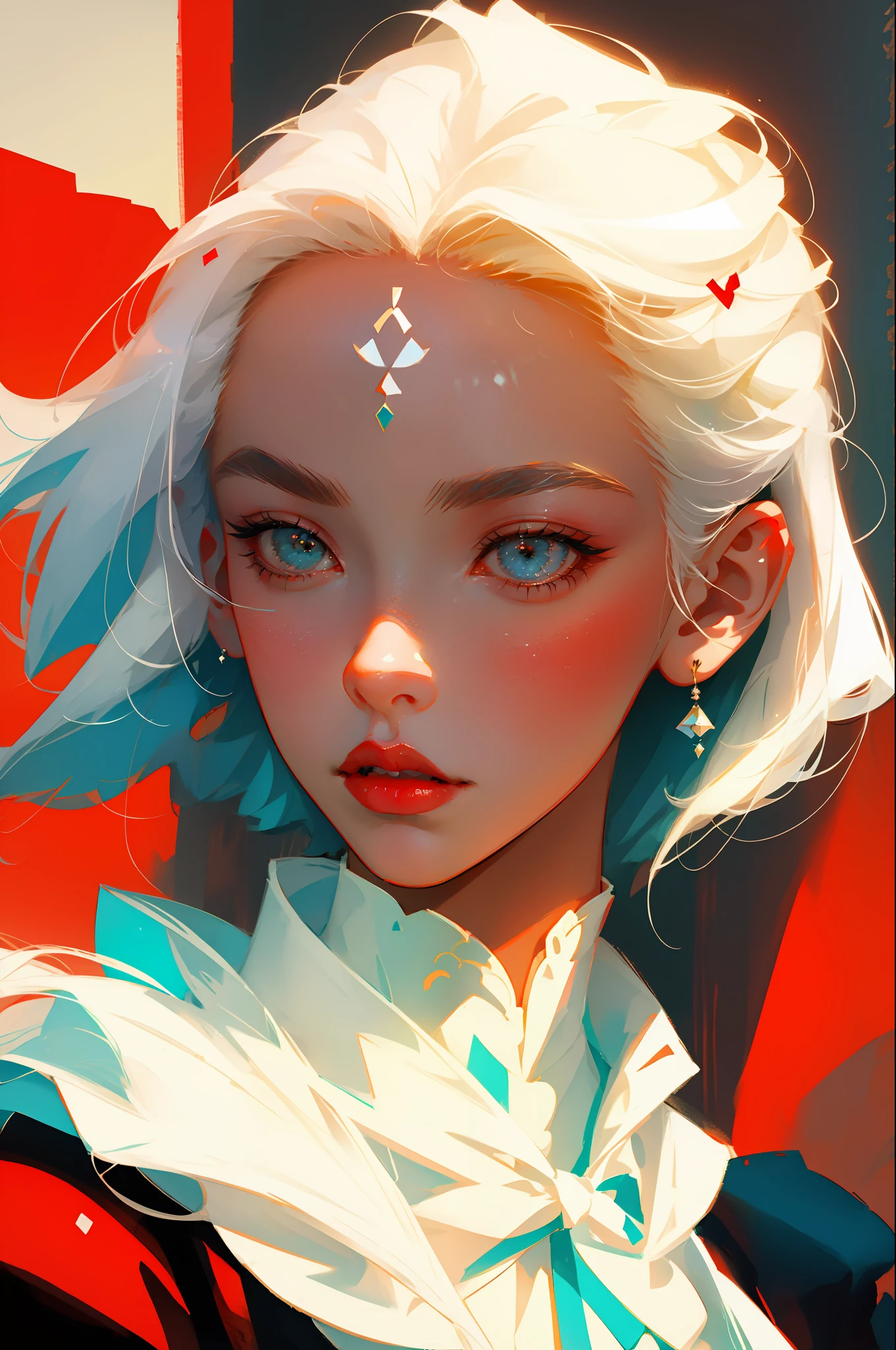 Perfect masterpiece, highest quality, perfect picture quality, 8K, front portrait, delicate face, face close-up, male, white hair, red background, digital art, graphic illustration, color painting, minimalist style, anime cartoon style,