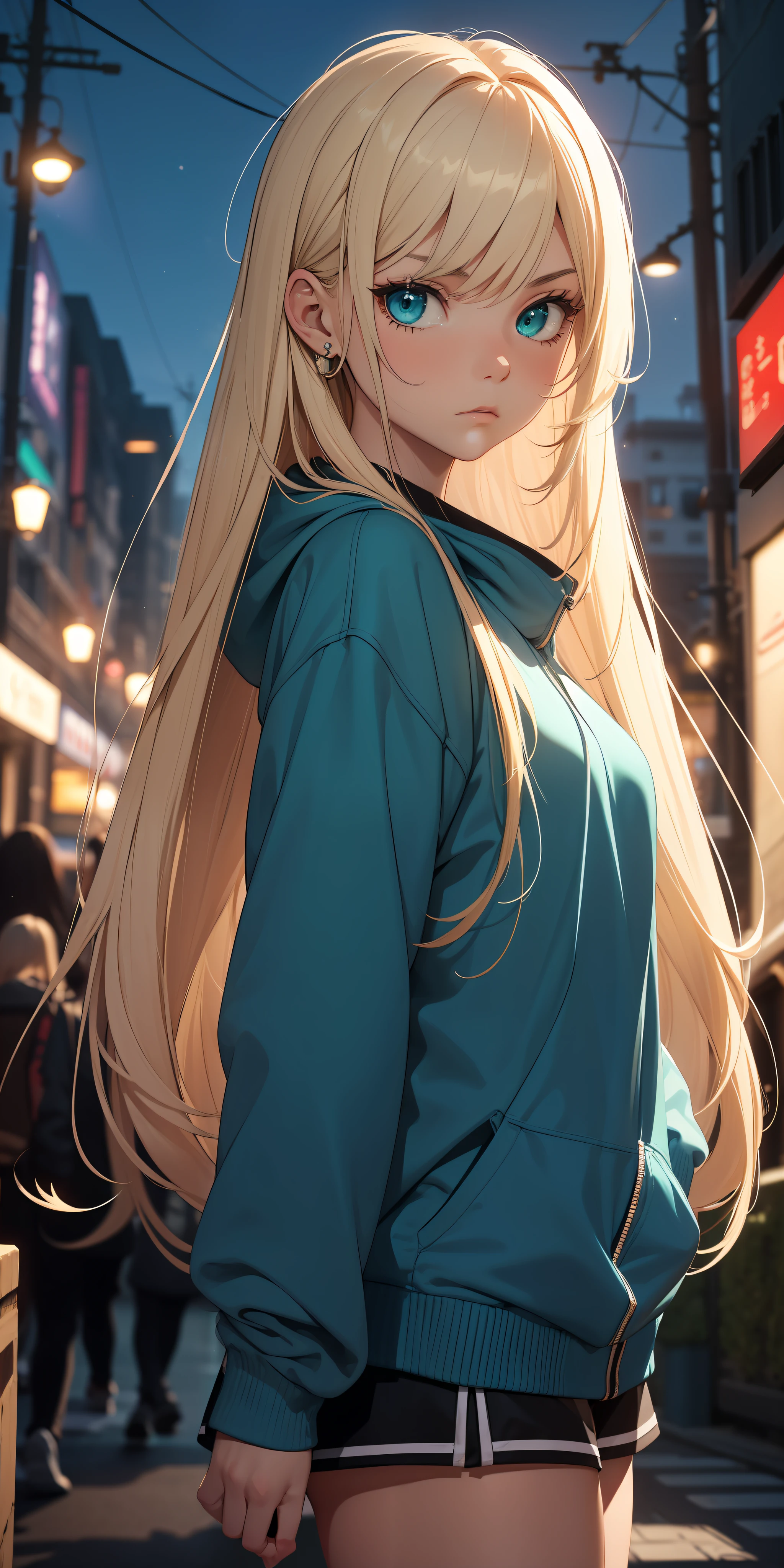 (masterpiece:1.4), 1girl, serious face, urban wizard, Streetwear, street, (masterpiece, best quality, highres, ultra detailed ), night, depth of field, absurdres, (masterpiece:1.4), ultra-detailed, 1girl, stand up, white and teal, long blonde wildly hair with dark streaks, fluttering hair, surrounded by magic lights and stars