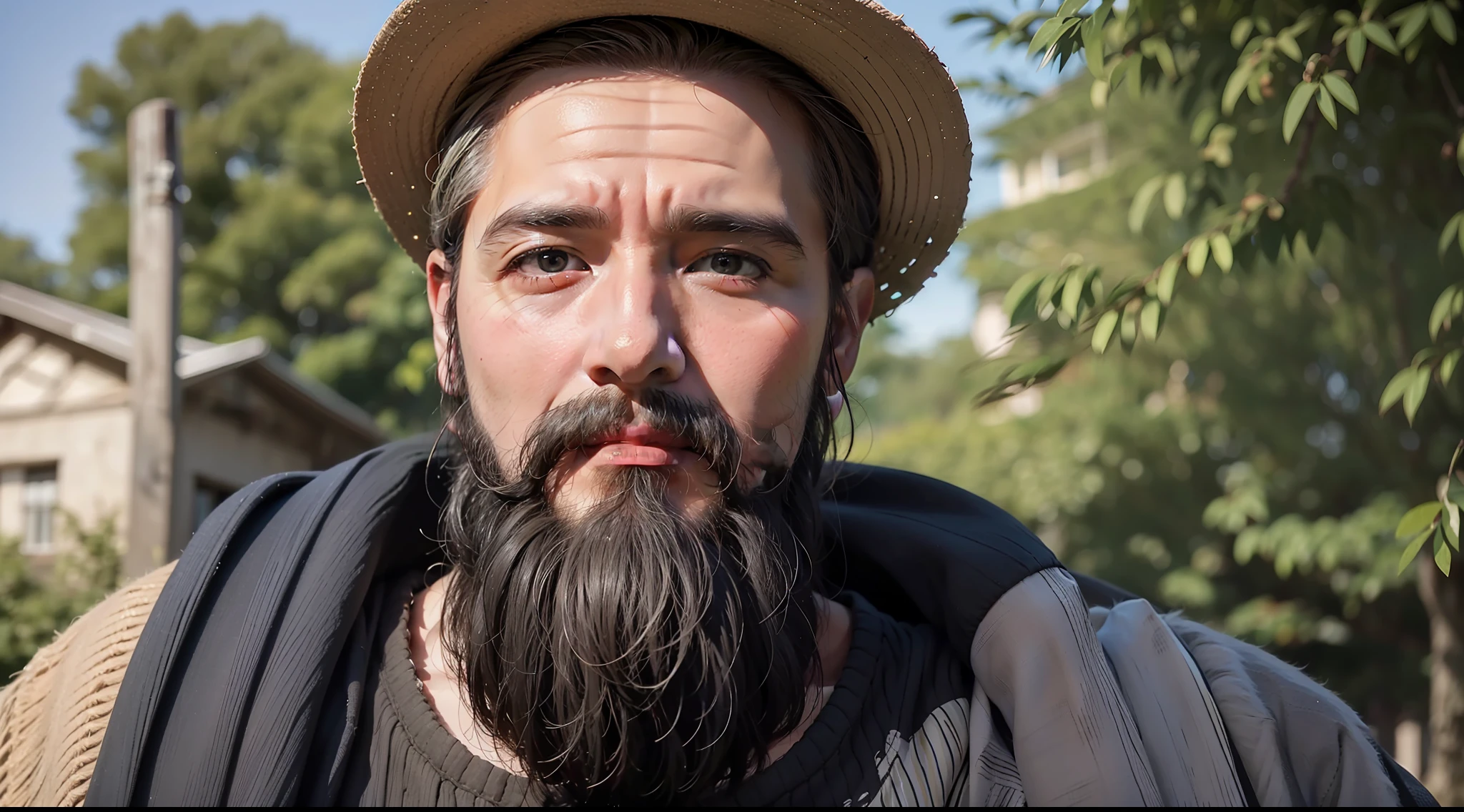 A portrait of a middle-aged, bearded man in a village, with piercing eyes, detailed face, high details, photography, full face, dark studio, rim light, Nikon D850, 50mm, f/1.4