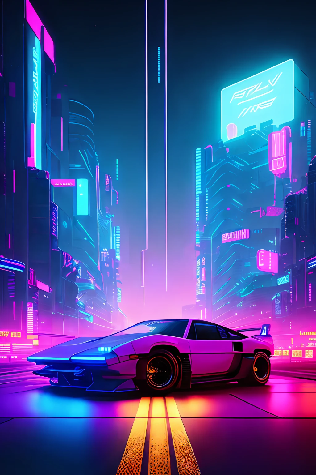 Reverse wave. City, 1969 Nissan S30, wide-body kit, road, purple neon, sun, close-up
(masterpiece, detailed, high resolution),