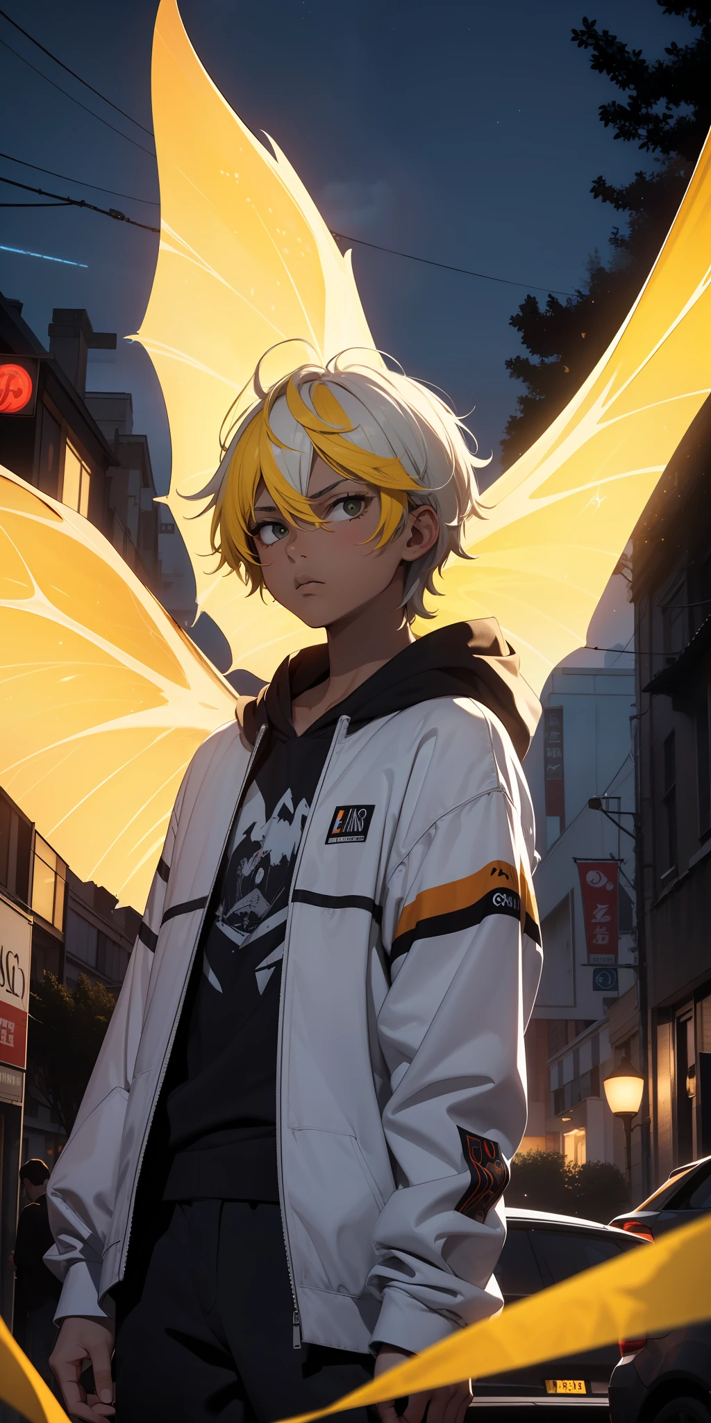 (masterpiece:1.4), 1boy, serious face, urban modern sorcerer, Streetwear, street, (masterpiece, best quality, highres, ultra detailed ), night, depth of field, absurdres, (masterpiece:1.4), ultra-detailed, 1boy, stand up, white and yellow, short white wildly hair with dark yellow streaks, fluttering hair, surrounded by magic lights and stars