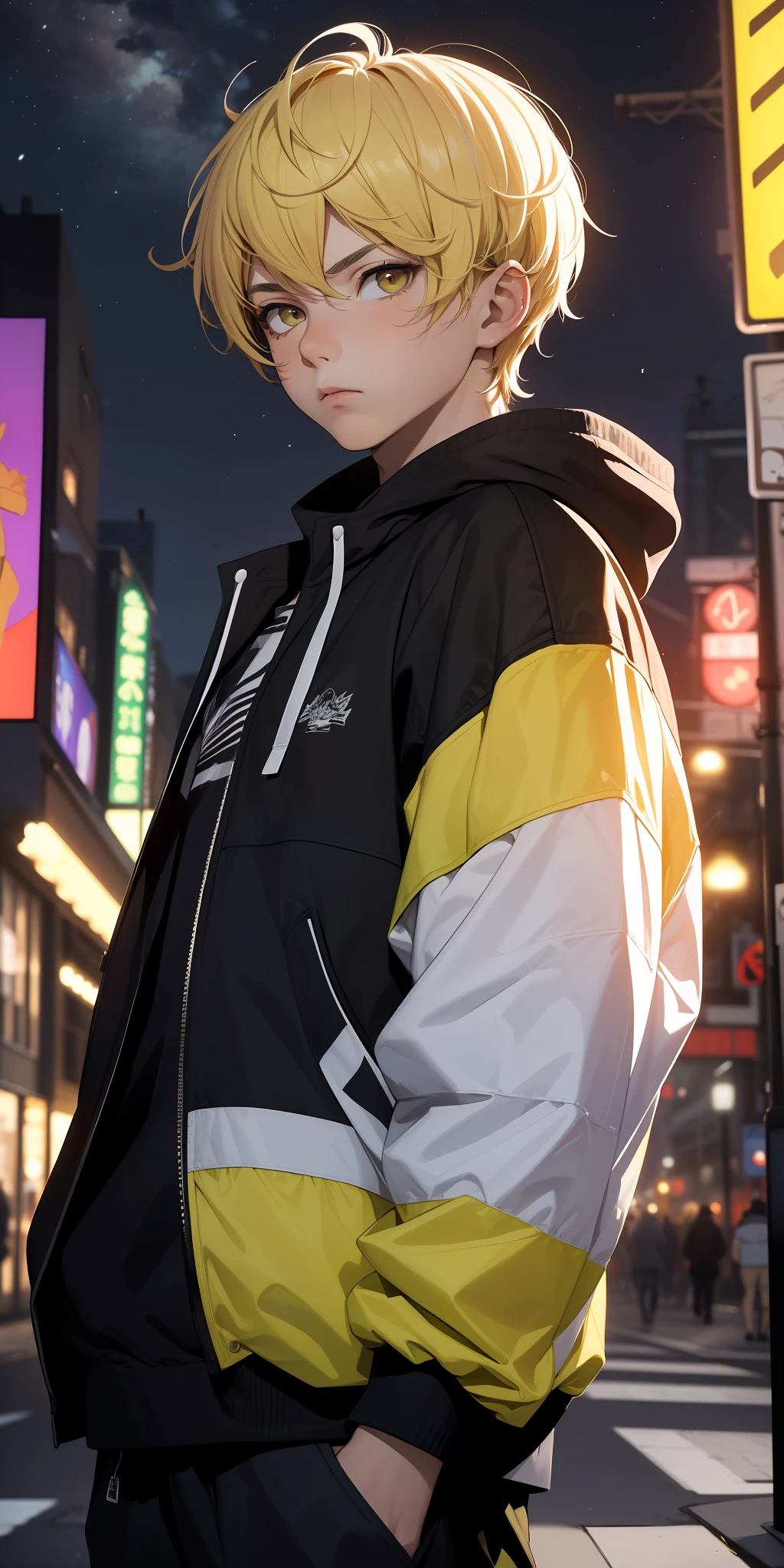 (masterpiece:1.4), 1boy, serious face, urban modern sorcerer, Streetwear, street, (masterpiece, best quality, highres, ultra detailed ), night, depth of field, absurdres, (masterpiece:1.4), ultra-detailed, 1boy, stand up, white and yellow, short white wildly hair with dark yellow streaks, fluttering hair, surrounded by magic lights and stars