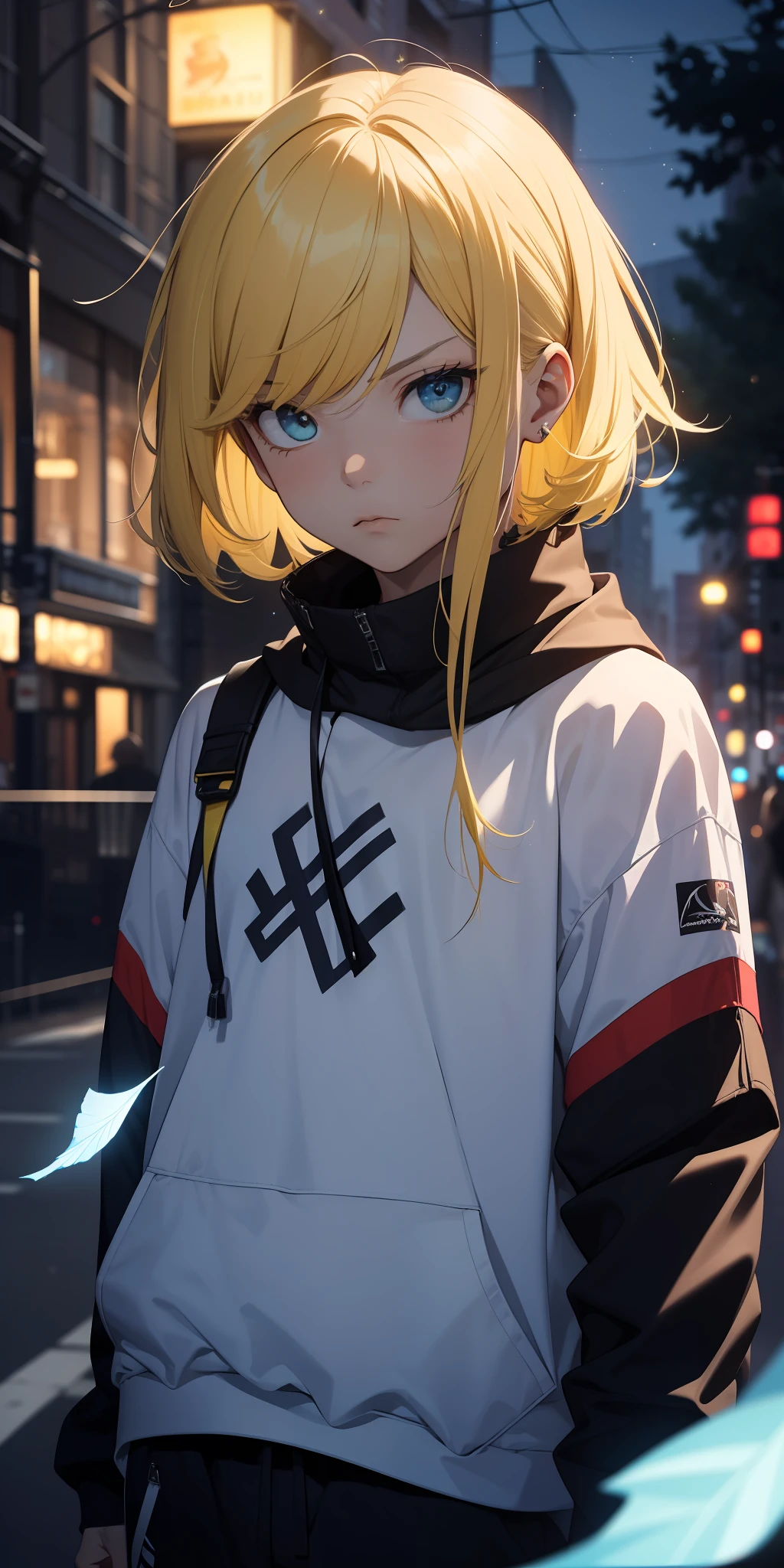 (masterpiece:1.4), 1boy, serious face, urban modern sorcerer, Streetwear, street, (masterpiece, best quality, highres, ultra detailed ), night, depth of field, absurdres, (masterpiece:1.4), ultra-detailed, 1boy, stand up, white and yellow, short white wildly hair with dark yellow streaks, fluttering hair, surrounded by magic lights and stars