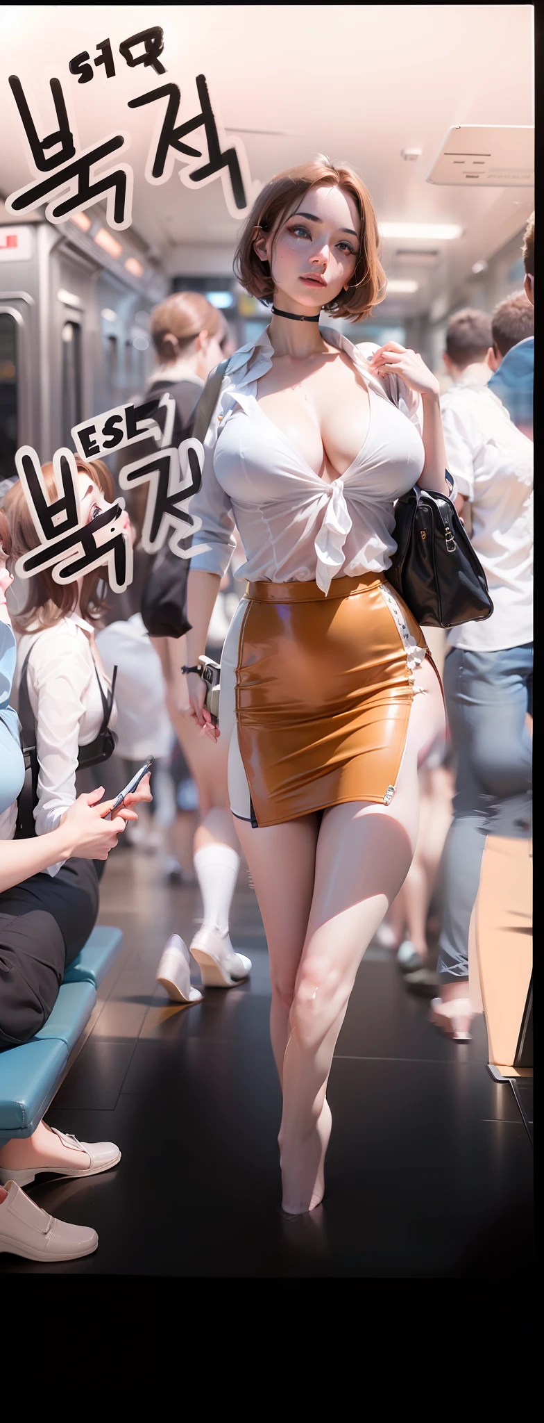 Quality - (masterpiece:1.5), (best quality:1.5), high quality, 8k, ultra hi res, super detail, highly detailed, ultra detailed, (intricate details), ((detailed face:1.5)), (detailed eyes:1.5), realistic, (hyper realistic:1.5), (photo realistic:1.5), (real picture). Style - Hyperrealism, Realism.Location - Japanese subway car with random pedestrians inside. Subject - (1girl), (PureErosFace_V1:0.7), young woman with short auburn hair, pure white skin, porcelain skin, hazel eyes. Outfit - white blouse with plunging neckline, cleavage, red orange pencil skirt. Camera - lens flare, bokeh. Effects - cinematic lighting, motion blur, ray tracing, reflection light, backlighting, bloom Description - young woman in a subway car.