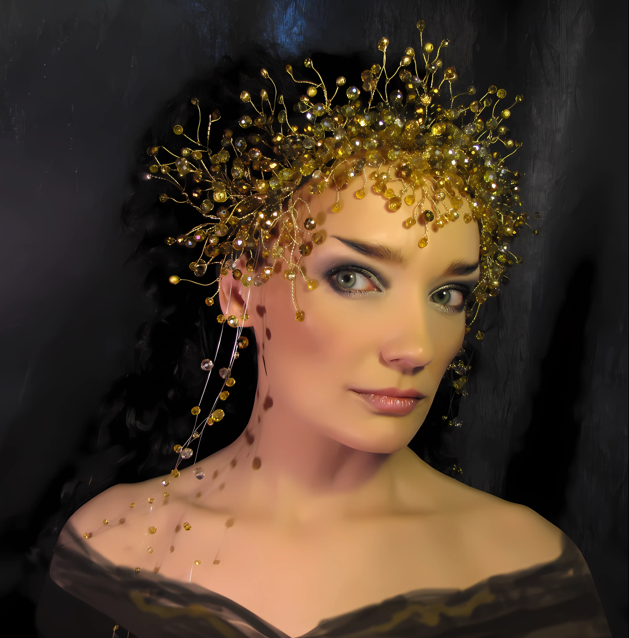 raw , detailed , HQ, masterpiece, illustrated, cinematic, detailed beautiful textured black dress, 18 century, golden details, hands on the waist, background is a black wall, dramatic light, sharp focus, artstation, detailed hair, correct anatomy, correct proportions,