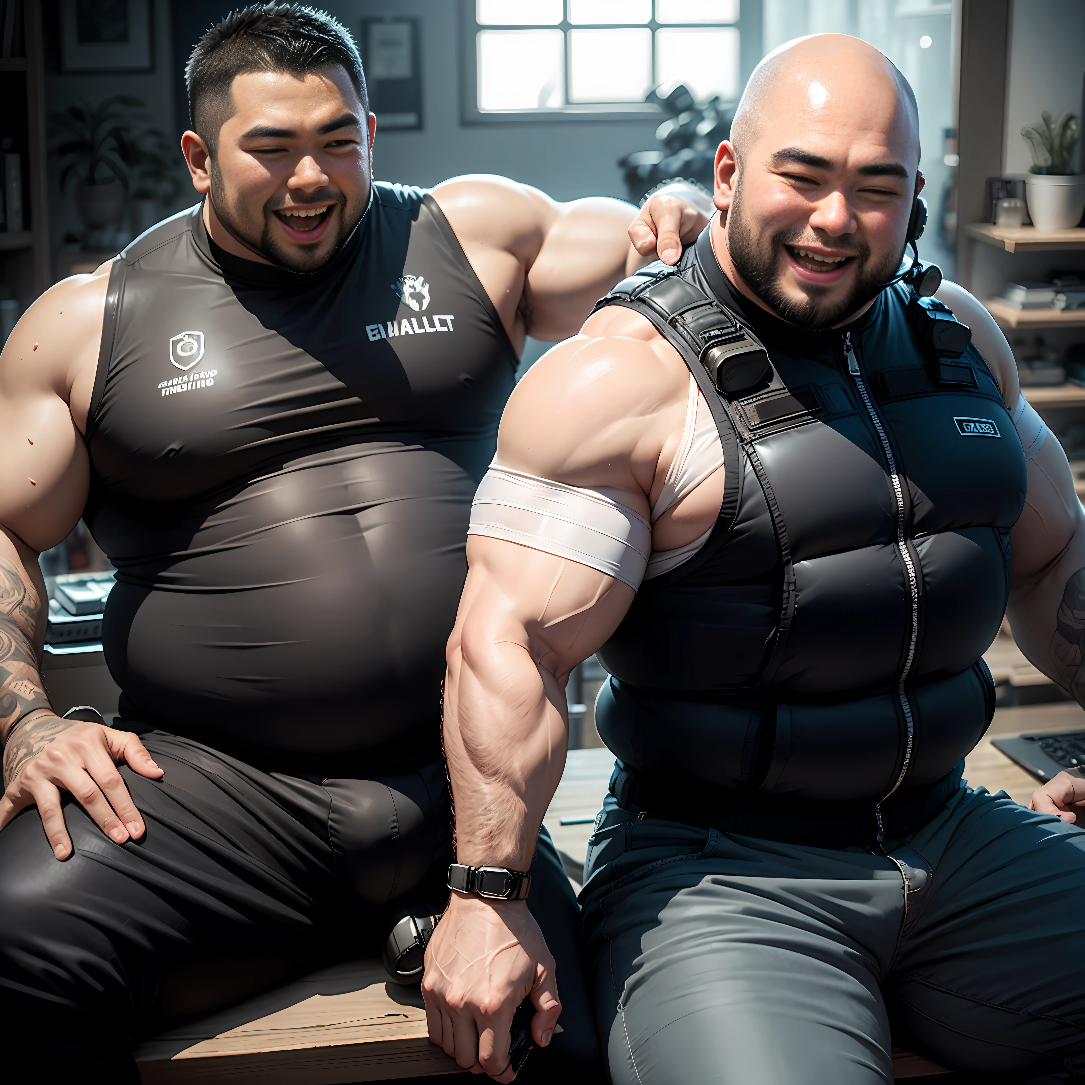 Asian fat man，Mongolian bald man, ballistic vest, tactical pants, deserts、, headset，, shemag, big ???, muscualr,, brush cut，Flat head，pubic hair, Lifts Hand，Black armpit hair，white legwear，sitting，Lifts Hand，laughs