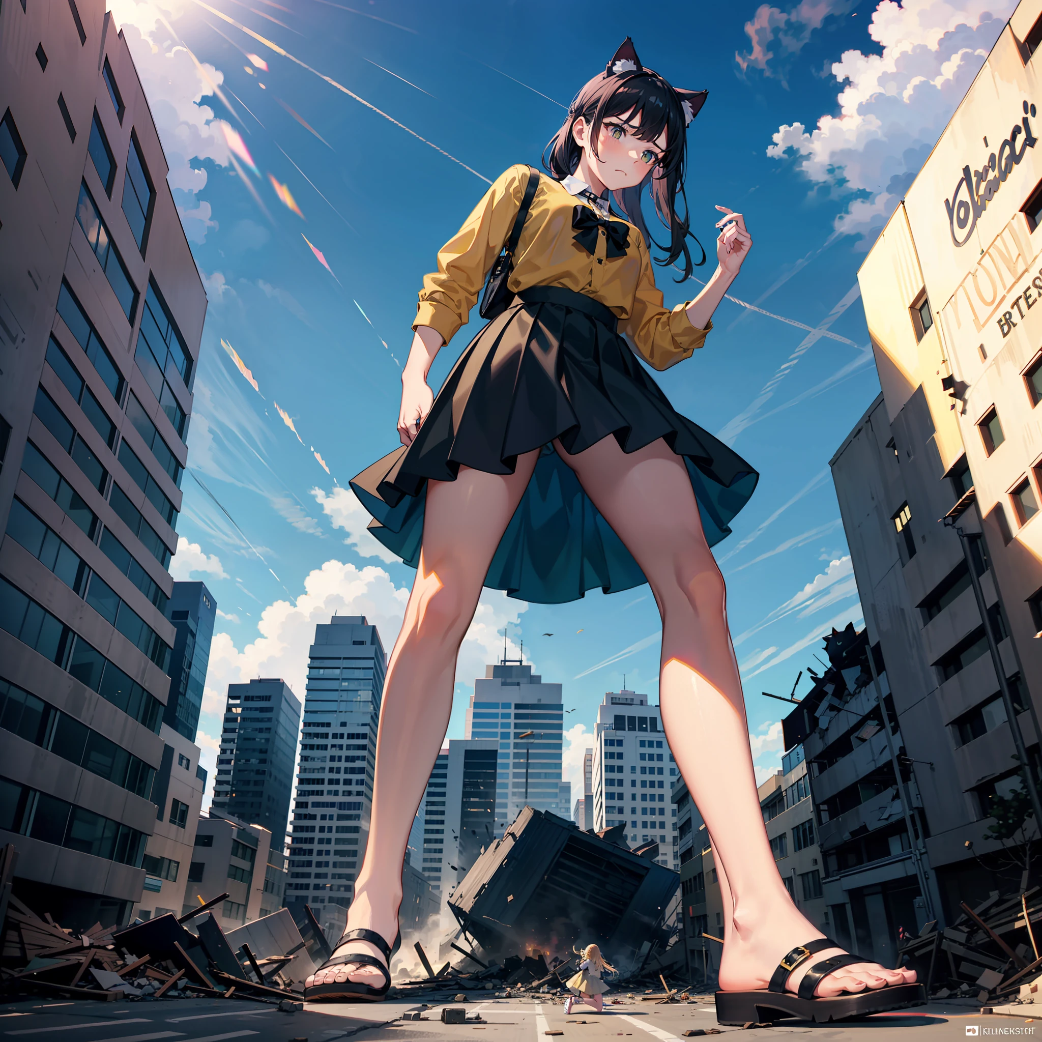 GTS, Giantess, cat ears, light frown, looking down, sky, loose yellow shirt, black skirt, blocking sun, sandals, stomping, destruction, building collapsing