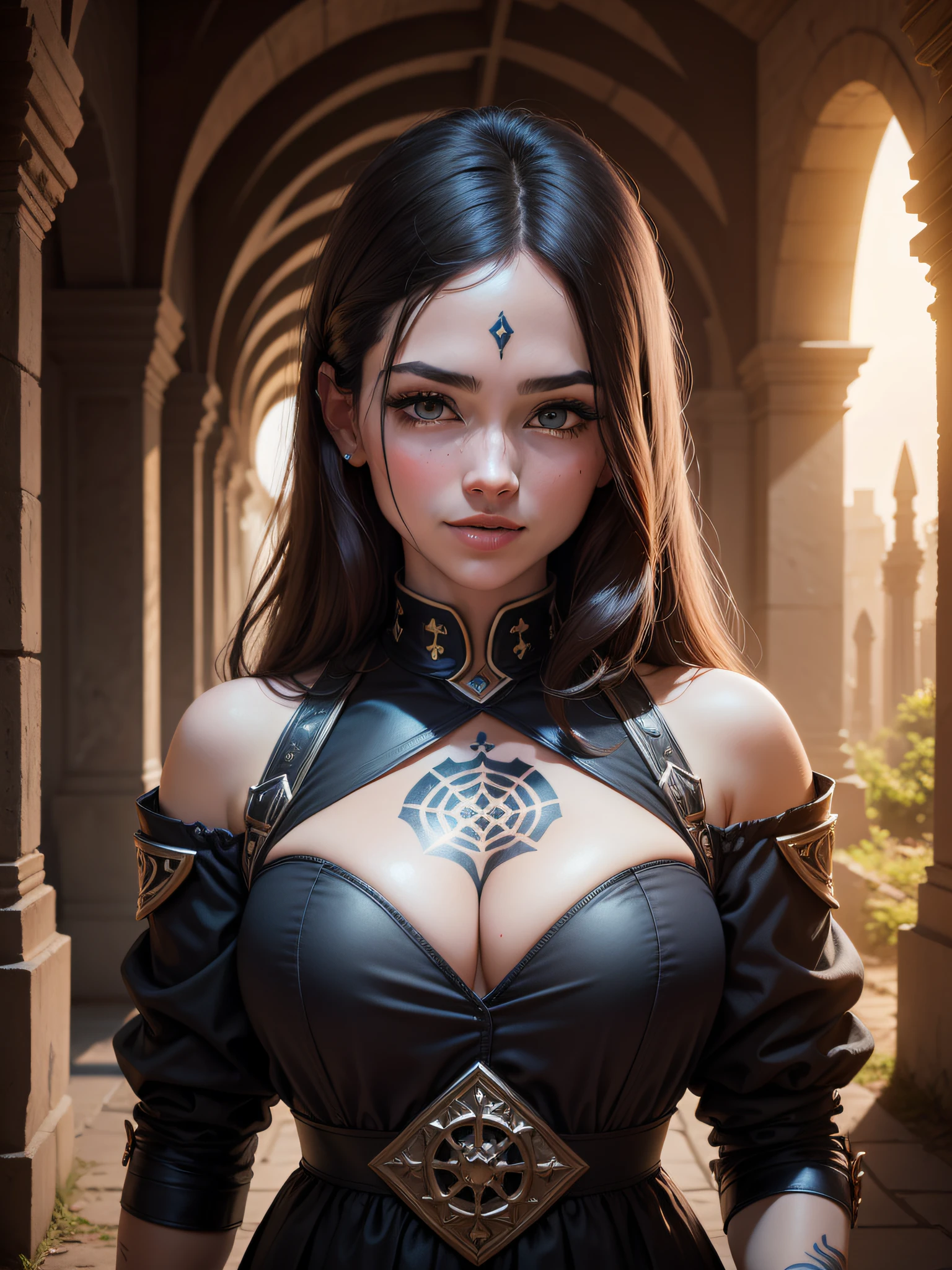 ((mulher de 50 anos)), com cabelo de cor vermelho, (rosto ultra detalhado) de peitos pequenos, runic tattoo, Mystical ruin scenery with slightly low night lighting, usando uma armadura dourada, um leve sorriso em seu rosto, (ultra detalhado: 1.3), (autadefinição: 1,6)