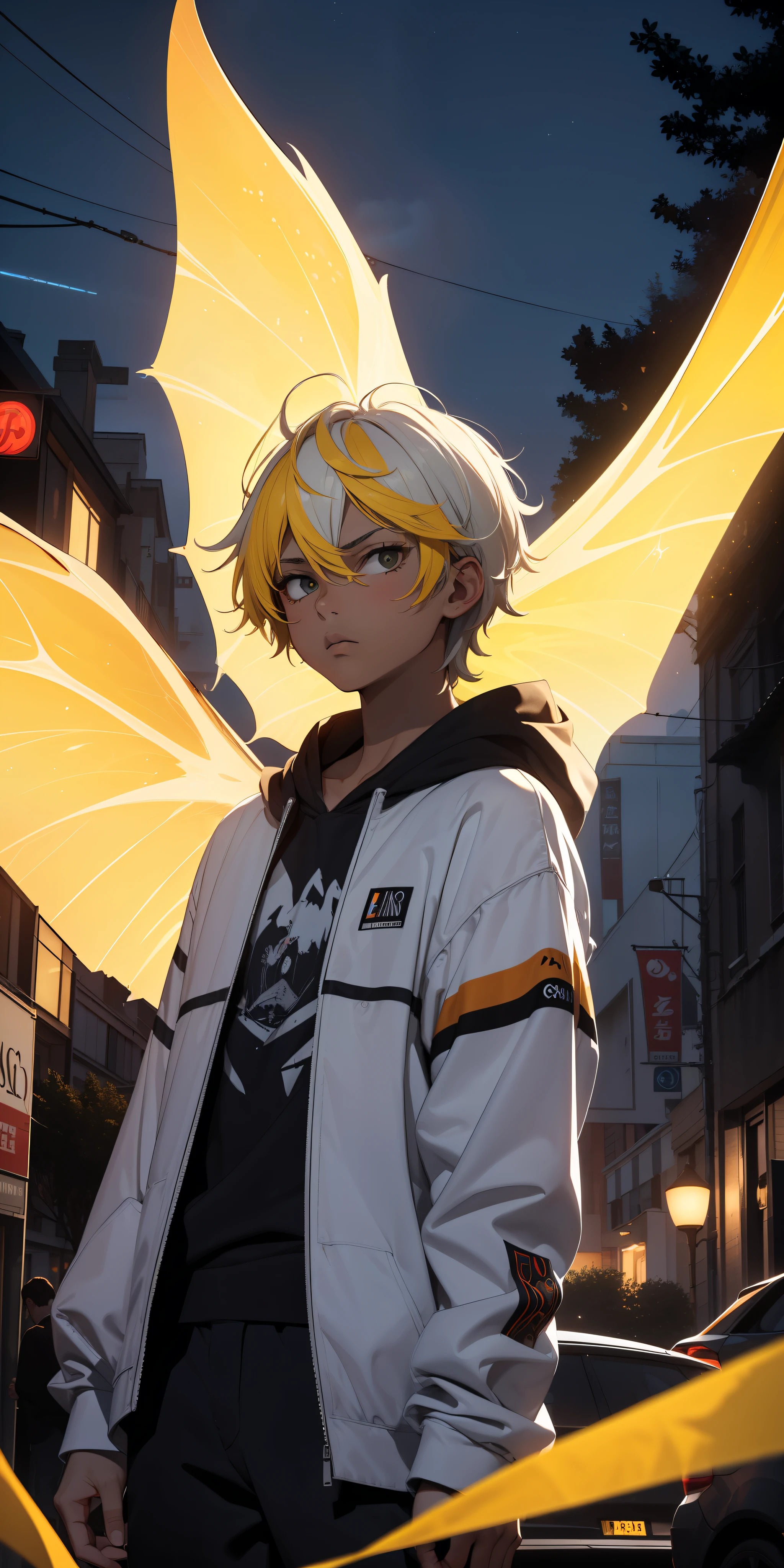 (masterpiece:1.4), 1boy, serious face, urban modern sorcerer, Streetwear, street, (masterpiece, best quality, highres, ultra detailed ), night, depth of field, absurdres, (masterpiece:1.4), ultra-detailed, 1boy, stand up, white and yellow, short white wildly hair with dark yellow streaks, fluttering hair, surrounded by magic lights and stars