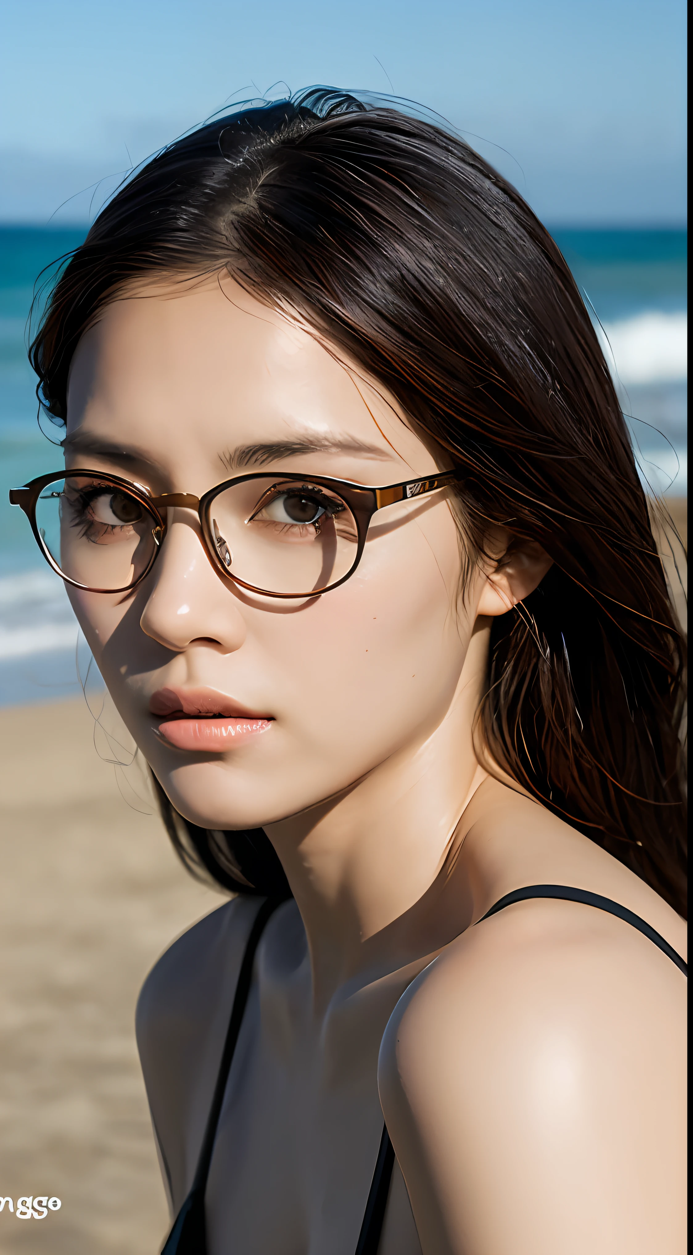 realistic lighting, morena, cabelos liso longo, usando oculos, praia