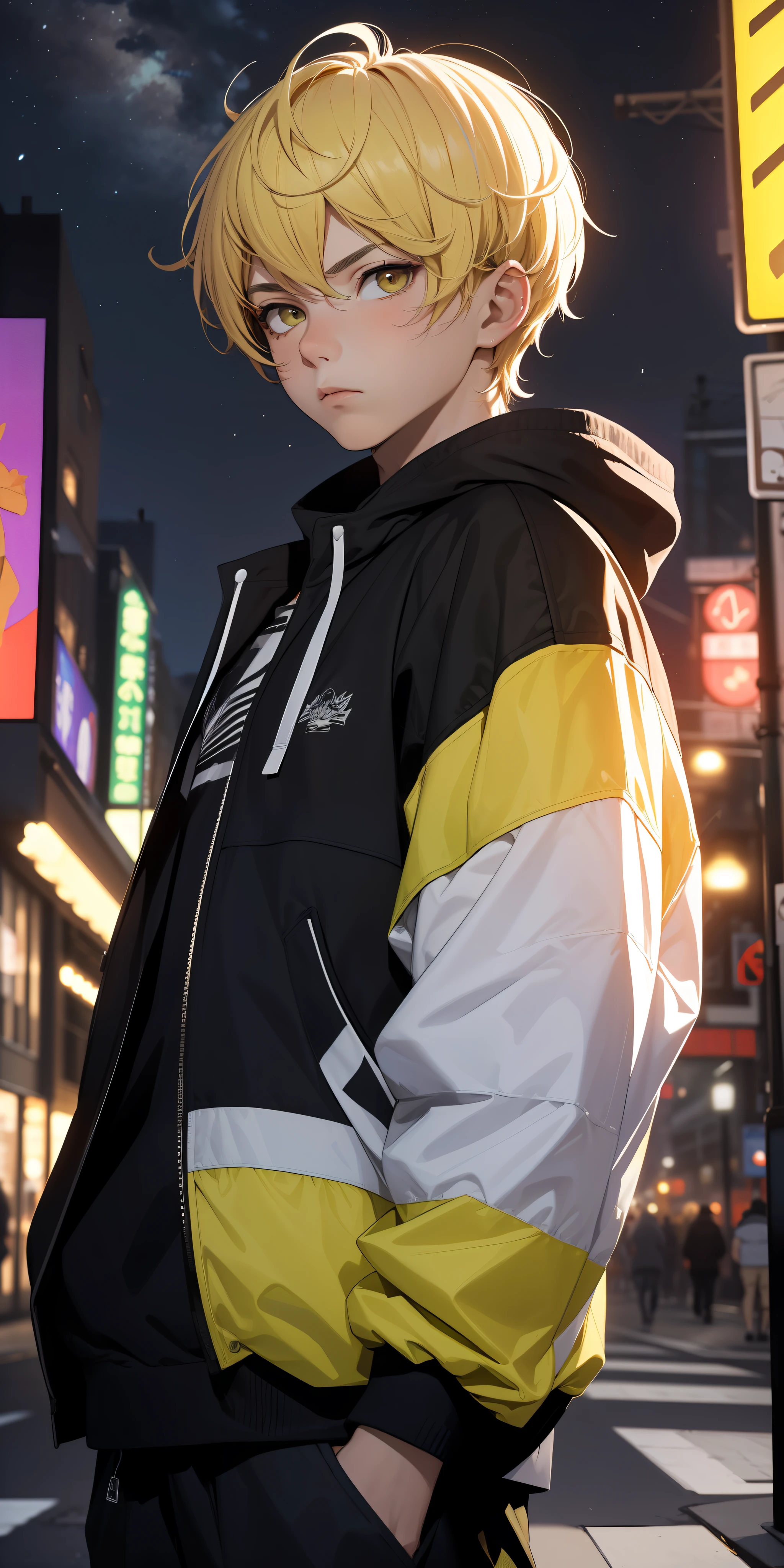 (masterpiece:1.4), 1boy, serious face, urban modern sorcerer, Streetwear, street, (masterpiece, best quality, highres, ultra detailed ), night, depth of field, absurdres, (masterpiece:1.4), ultra-detailed, 1boy, stand up, white and yellow, short white wildly hair with dark yellow streaks, fluttering hair, surrounded by magic lights and stars
