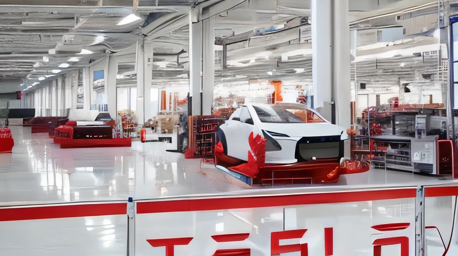 Arafed Tesla Factory com um carro em um elevador no meio da sala, tesla, tesla carro, muske ( 2 0 2 4 ), tesla model 3, inside of an auto dealership, engineering bay, car tesla 3, factory floor, interior of a huge robot factory, automotivo, Elon Musk, inside an epic, tiro largo, manufatura