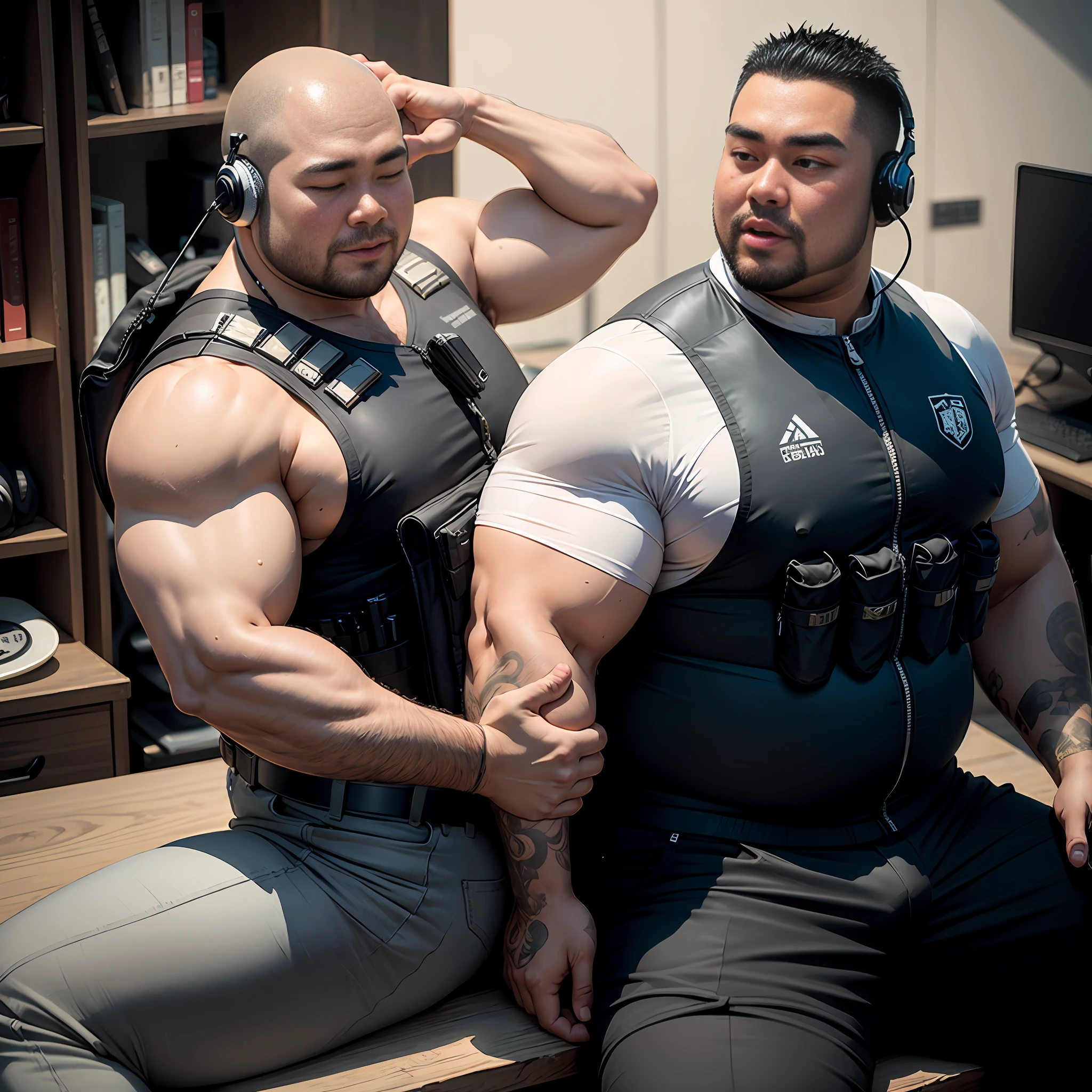Asian fat man,Mongolian bald man, ballistic vest, tactical pants, deserts、, headset,, shemag, big ass, muscualr,, brush cut,Flat head,pubic hair, Lifts Hand,Black armpit hair,white legwear,sitting,Lifts Hand