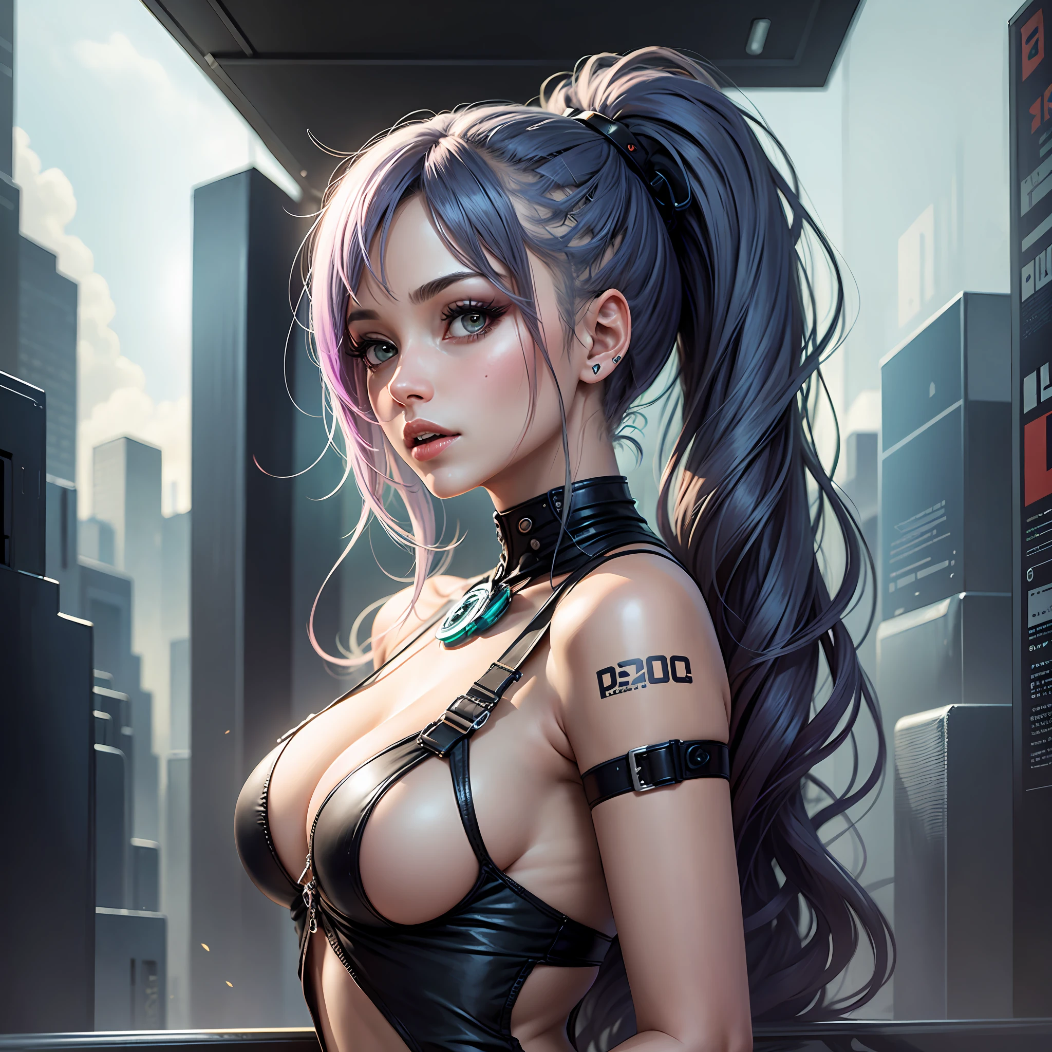 Mulher bonita nas pernas nuas, Garota nua cabelo curto, shortinho, cabelos grisalhos, terno futurista posando para foto, cyberpunk, bunda e capacete