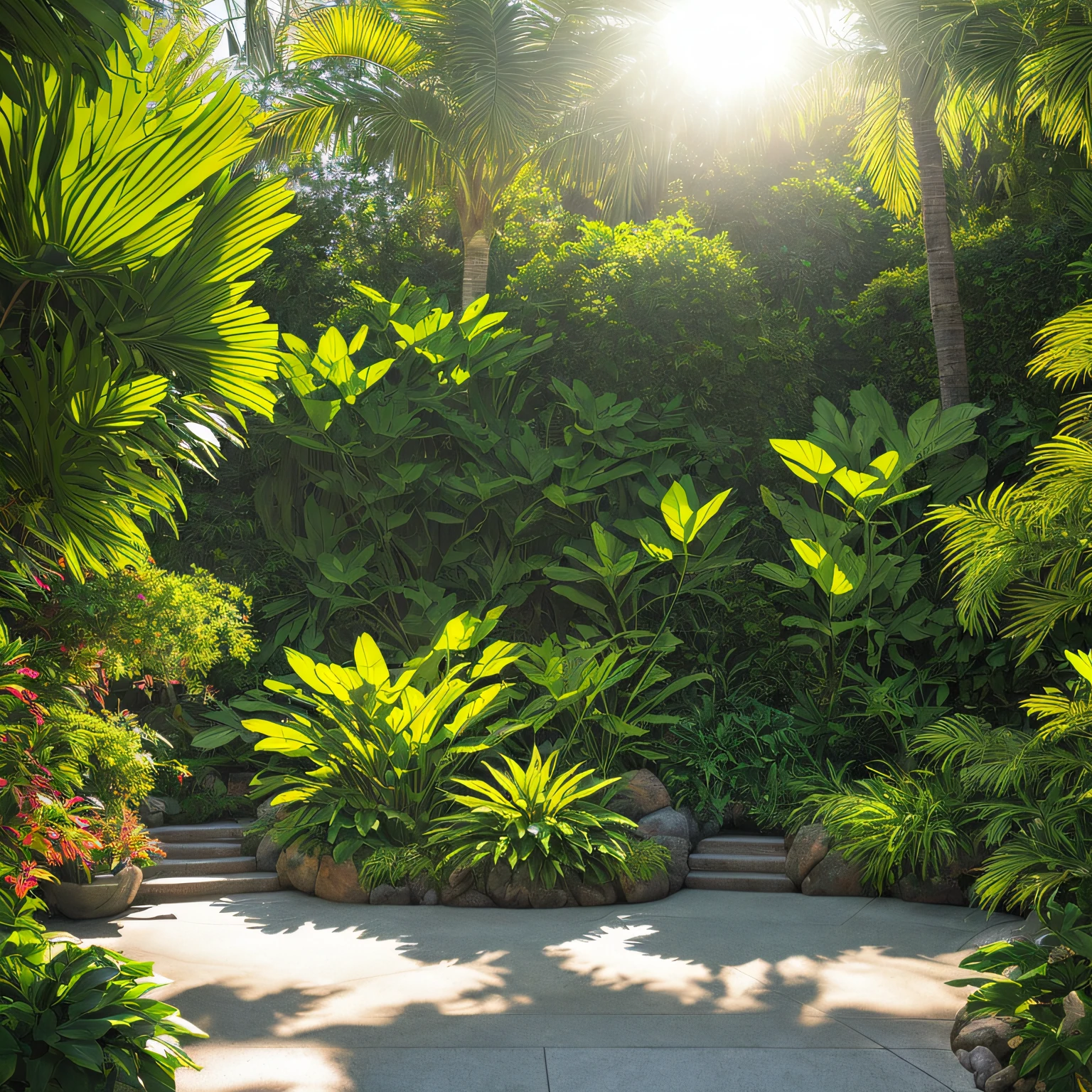 de frente a uma floresta tropical bonita com cores vibrantes e detalhada, sem carro e sem pista ou rua, somente grama e plantas
