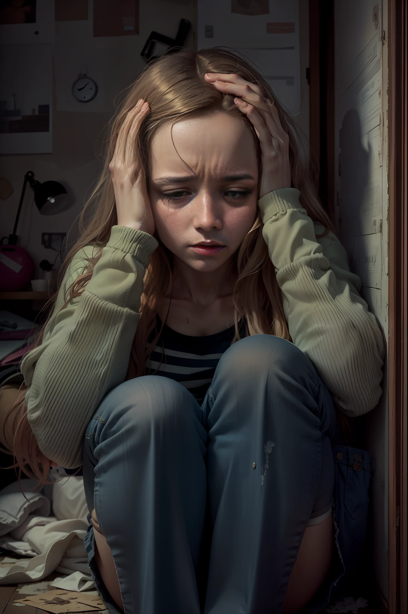Super sad white woman is afflicted, isolated in her room sitting on the floor crying a lot , muito triste, uma mulher jovem,
