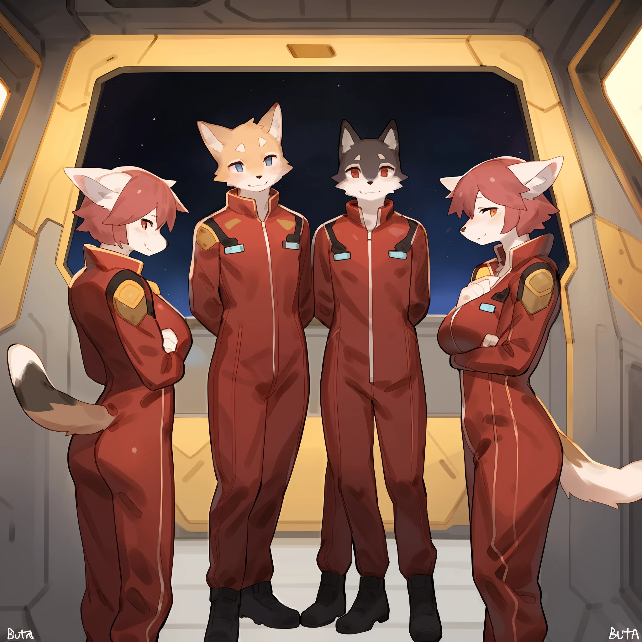 Group photo, red uniform, red uniforms, red jumpsuit, red spacesuit, male, female, smiling, facing viewer, standing shoulder to shoulder, detailed hands, standing in line, space, spaceship, window, by bebebebebe, (((by buta99))), canine, feline, hair, a diverse group of anthro characters standing shoulder to shoulder in red spacesuit uniforms