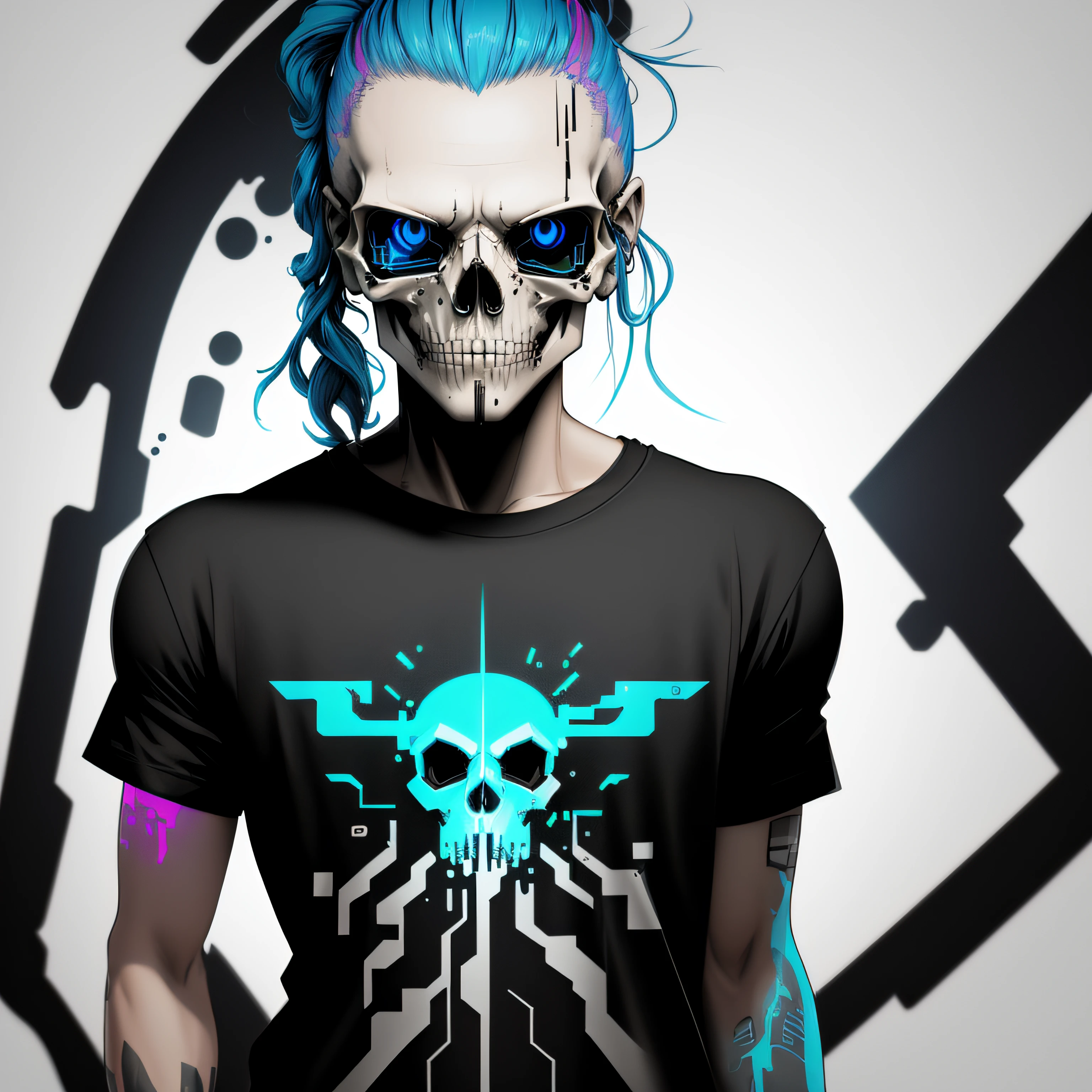 (a portrait of Cyberpunk Skull with colorful fluid l:1) , t-shirt logo in the style of tapered fine outline, orthographic-view, art on (empty background:1.4)Hands, --auto