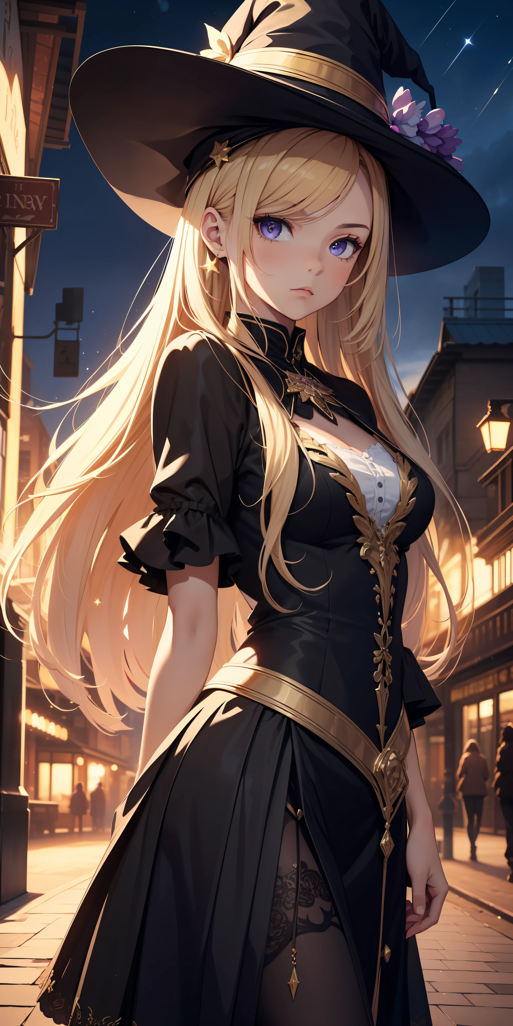 (masterpiece:1.4), 1girl, serious face, colored modern witch clothes, no hat, street, (masterpiece, best quality, highres, ultra detailed ), night, depth of field, absurdres, (masterpiece:1.4), ultra-detailed, 1girl, stand up, gold and lilac, long blonde fluttering hair, wildly giant hair, surrounded by magic lights and stars