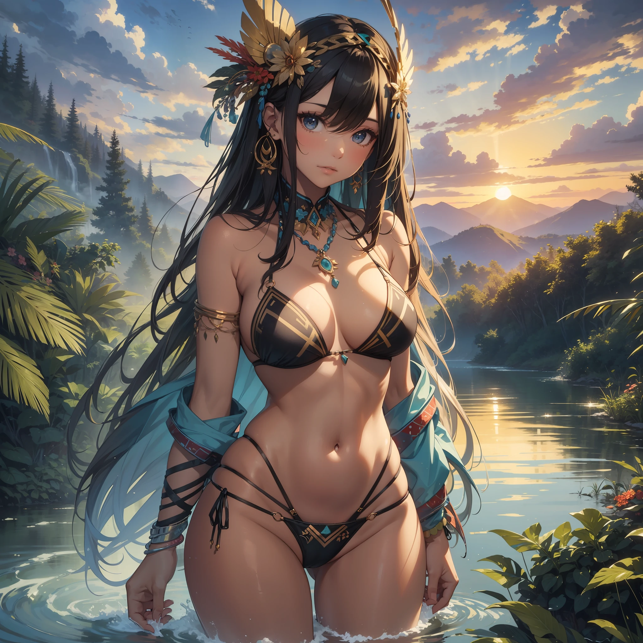 "(((Masterpiece))), superior quality, stunning tribal girl, (((gorgeous face))), tanned skin, wearing a bikini, standing in a forest against the sunset, surrounded by clouds and valleys, with water flowing nearby, immersing in the breathtaking beauty of nature."