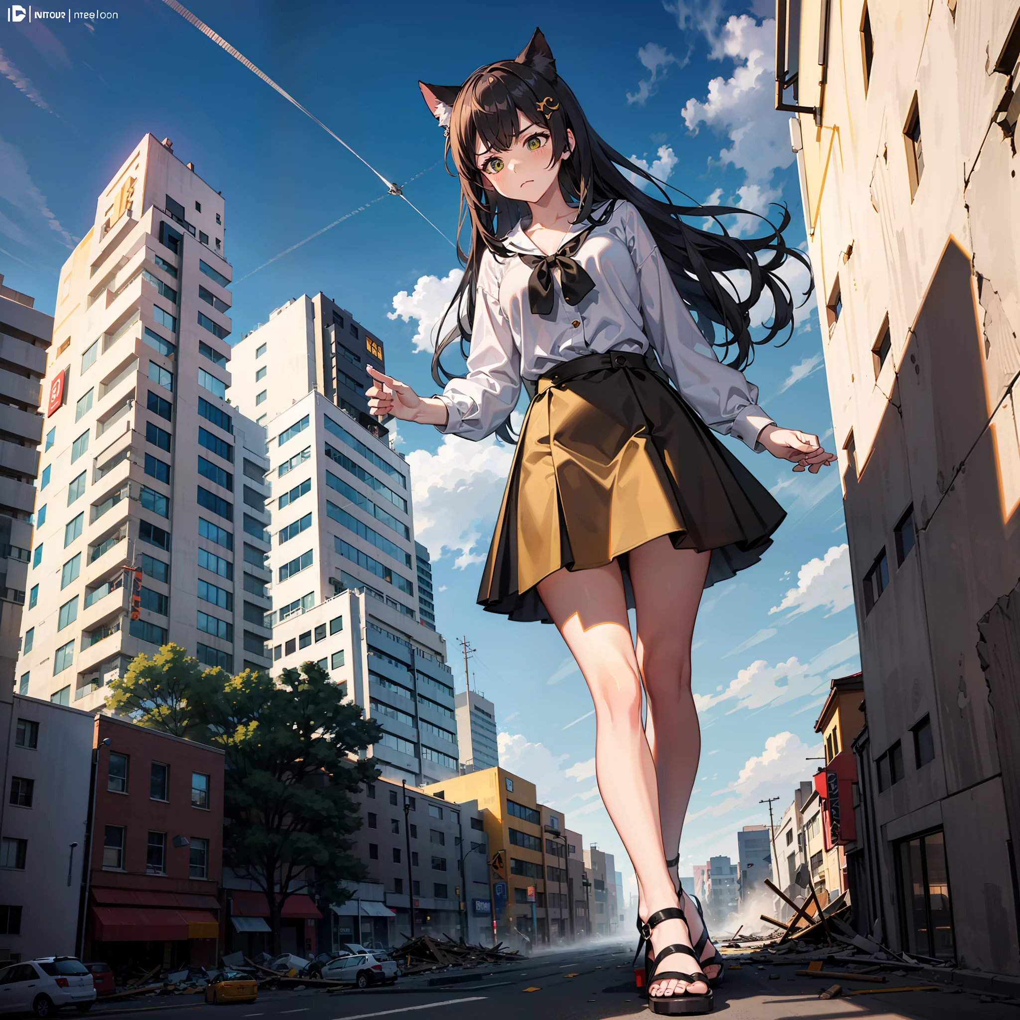 GTS, Giantess, cat ears, light frown, looking down, sky, loose yellow shirt, black skirt, blocking sun, sandals, stomping, destruction, building collapsing
