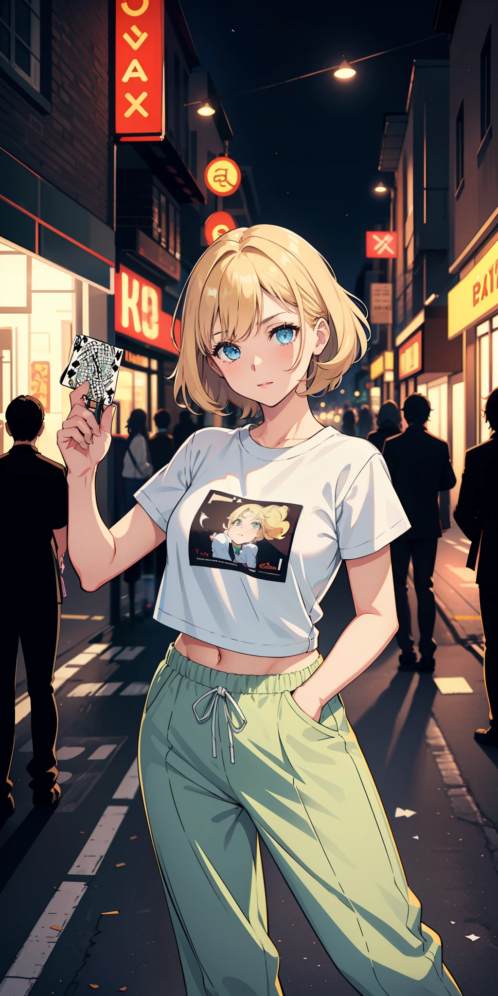 chef-of works, Better quality, nsfw, 1girl, cheveux blond , cheveux courts, yeux verts, tresses, petits seins perky, dans la rue, nuit, neon, t-shirt blanc, soutien-gorge, pantalon noir, visage de poker, vue de face, debout, dans la foule,