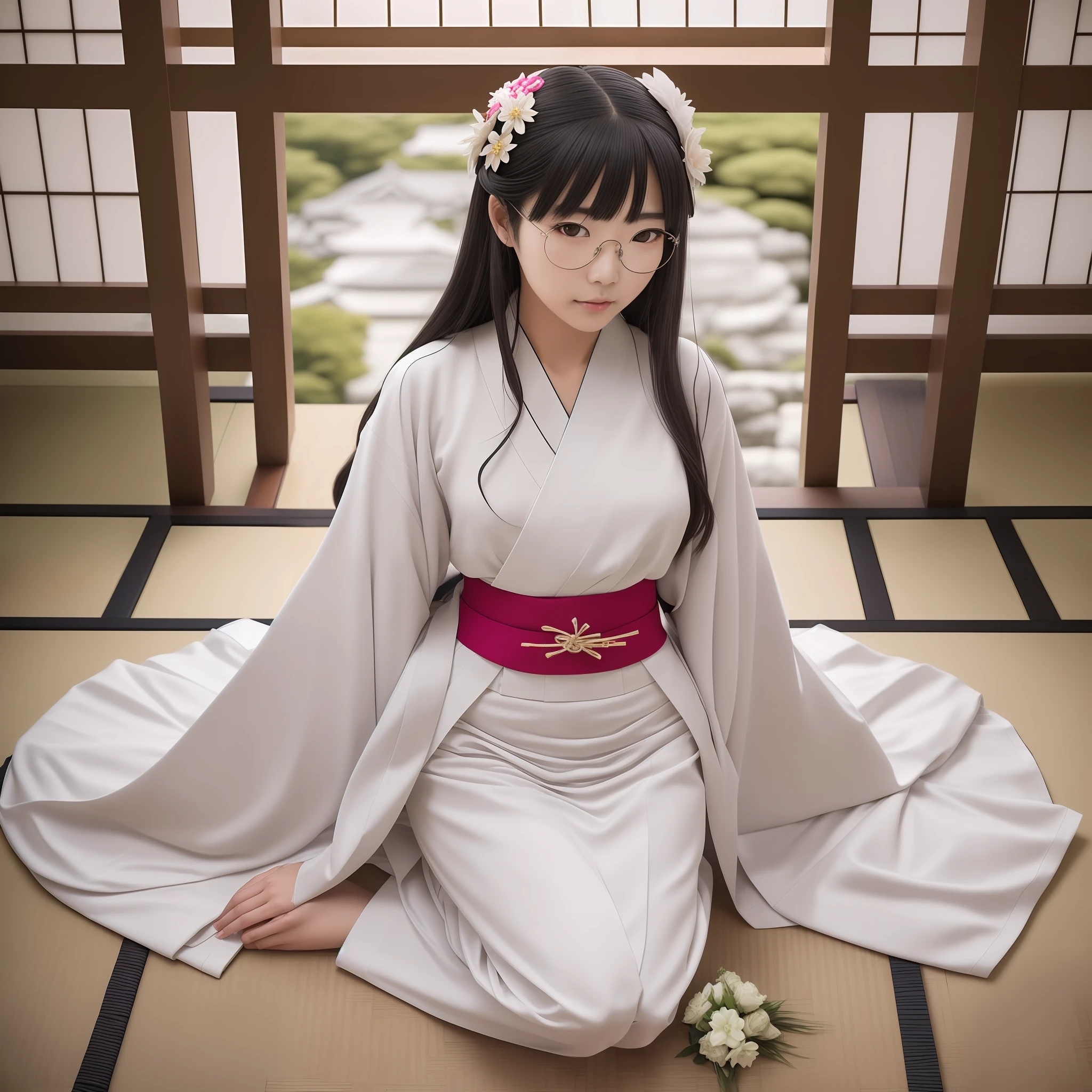 NSFW, 8K Raw Photography, Best Quality, Masterpiece, Ultra HD, Film Grain, filmg, 1girl, Watch Viewer, Natural Skin Texture, Realistic Eye and Face Details,
The occupation is a priestess (Shinto priesthood of Japan shrines), priestess costume (white kimono) (red hakama (a type of clothing worn below the waist in Japanese clothing. Wearing a kimono over a kimono and tied with a string)) (white tabi socks),
One naïve 18-year-old Japan girl wearing glasses (Akiko Takase, Kazue Kato, , Aya Takano, Etsuko Miura, Genzi, Tsugumi Oba, Chiho, Rinko Kawaichi, Takeyuki Kanda),
Height 158 cm, weight 53 kg, bust 83 cm (D cup), waist 61 cm, hips 86 cm,
His personality is naïve,
sweaty black hair that grows to the shoulders, bangs,
The place is the main shrine of a large shrine in Japan, a priestess lying on the altar as a sacrifice to the gods,
Solo , Full Body