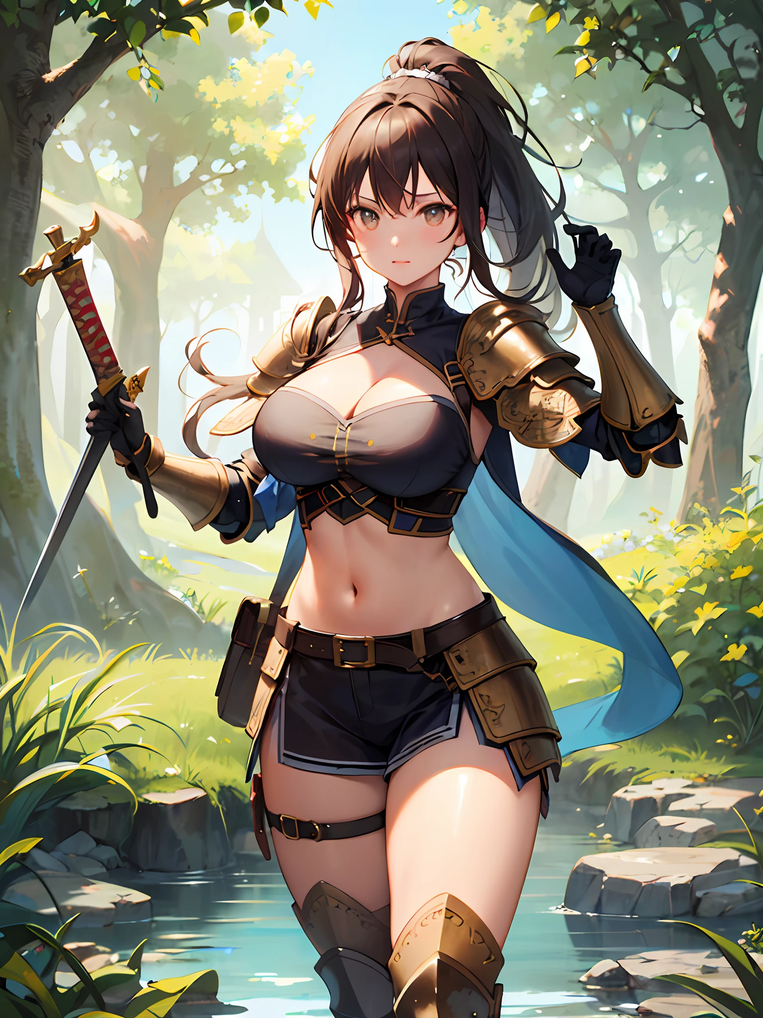 ((masterpiece, best quality)), (1girl), ((mature female)), big breast, ponytail, ((wearing armour)), cleavage, curvy, wide hips, thick thighs, midriff, thigh strap, boots, hold sword, sword fighting stance, outdoor, adventurer, knight, forest,dungeon background, nature, medieval time, reflected light, ray tracing, delicate background, looking at viewer, cowboy shot,