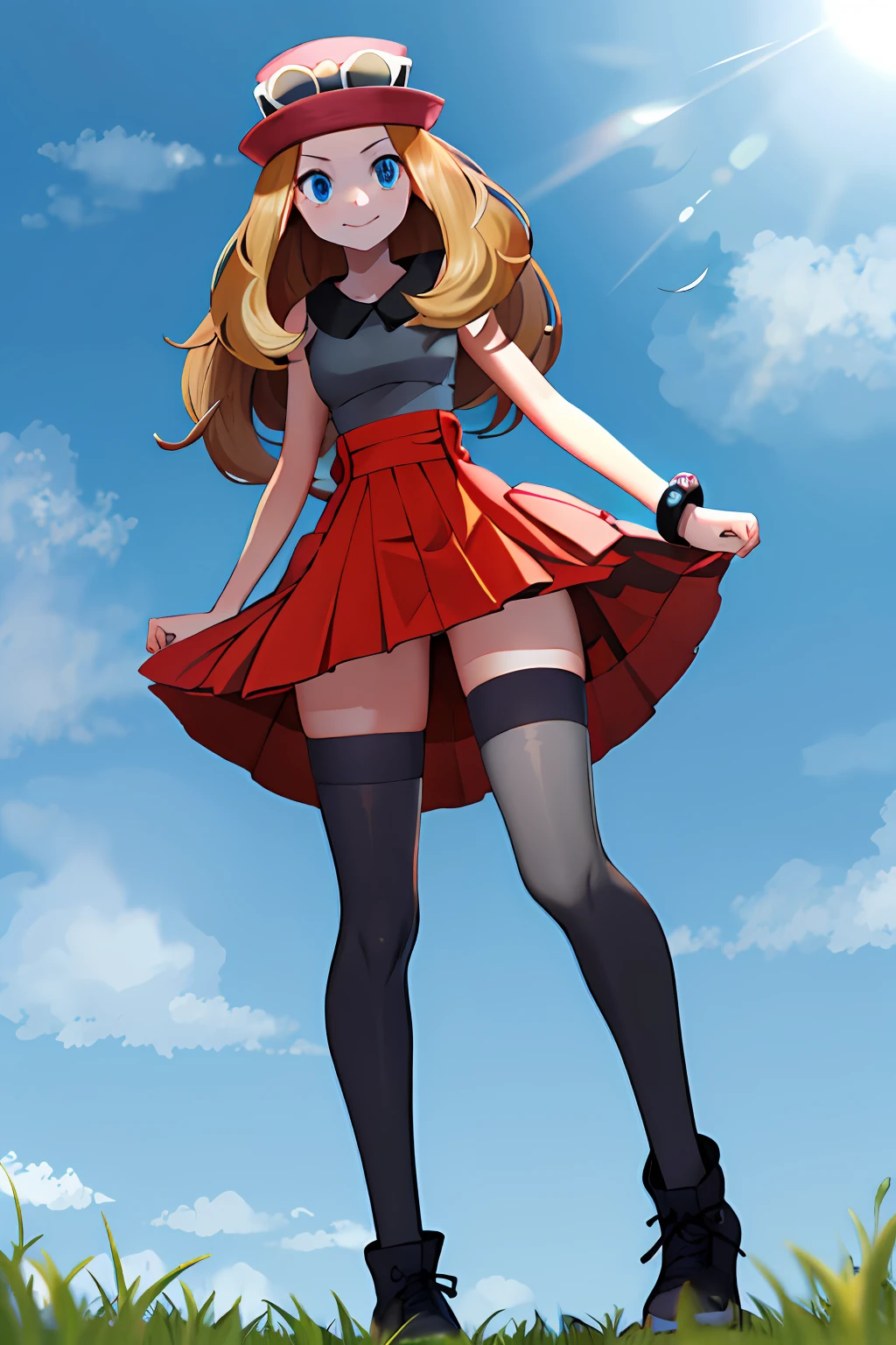 masterpiece, best quality, highres, blue eyes, serena \(pokemon\), 1girl, solo, thighhighs, long hair, hat, jewelry, bracelet, black thighhighs, collared shirt, pleated skirt, red skirt, sleeveless, high-waist skirt, sleeveless shirt, eyelashes, pink headwear, black shirt, eyewear on headwear, full body, field, smile, closed mouth, from below, thick thighs, looking down at viewer, upskirt, character_pokemon_serena, gts