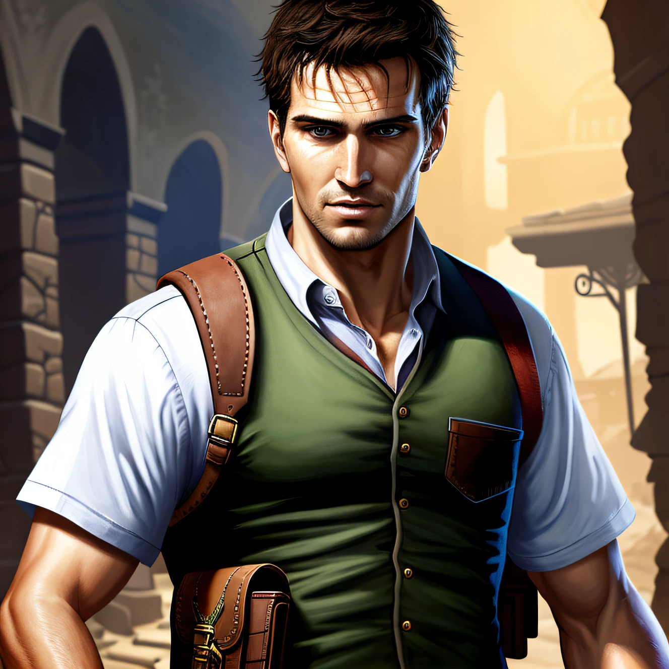 MortNobody_D as man in Uncharted video game character adventure desert ruins shirt vest holster straps (masterpiece:1.5) (painting) (best quality) (detailed) (intricate) (8k) (HDR) (wallpaper) (cinematic lighting) (sharp focus)