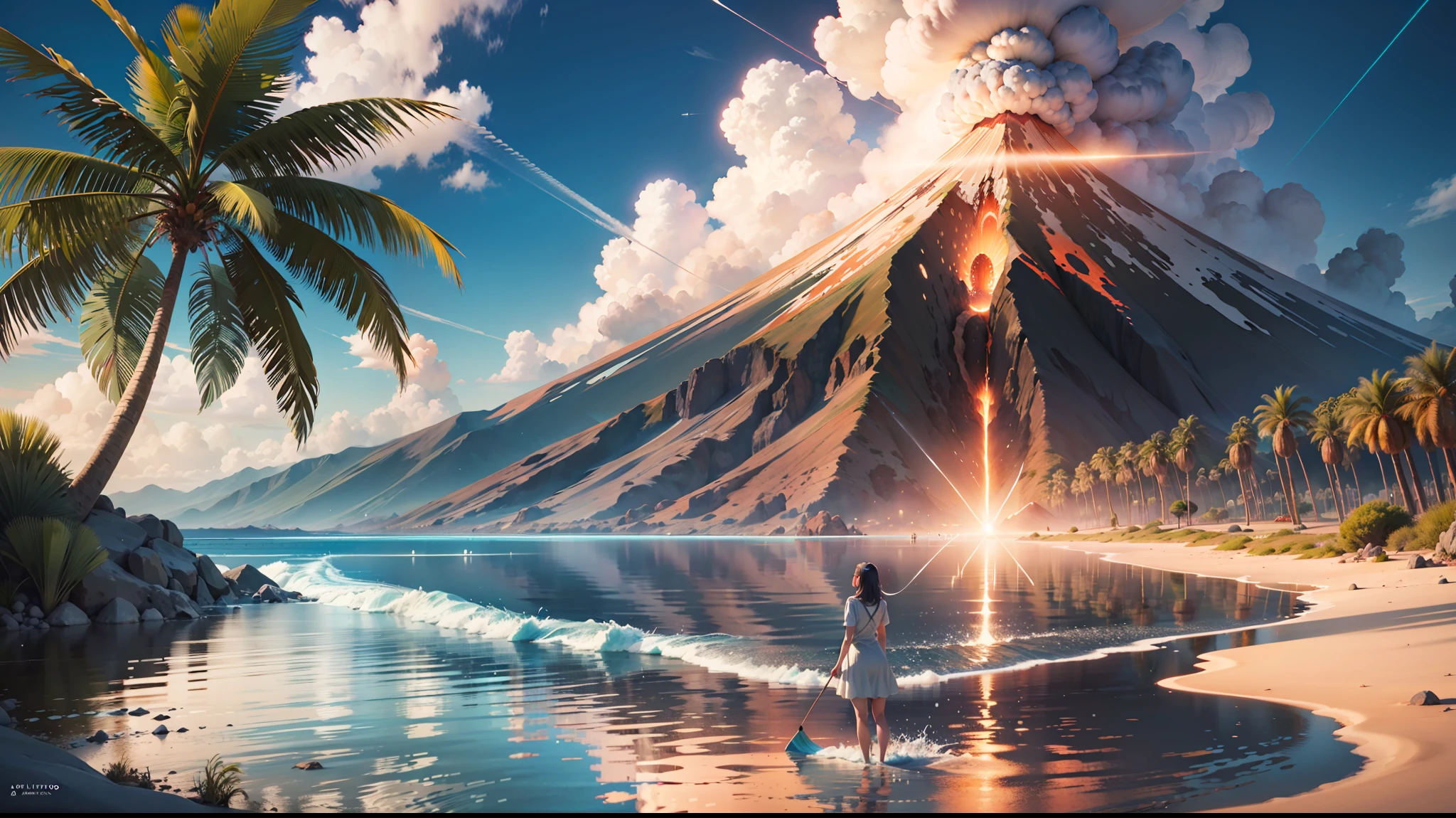 a view of a volcano from the ocean with a coral reef and palm trees, amazing wallpaper, magnificent background, surrealism 8k, beautiful art uhd 4 k, wallpaper 4k, wallpaper 4 k, 4 k hd illustrative wallpaper, papel de parede bonito, 4 k wallpaper, 4k wallpaper, epic surrealism 8k oil painting, VFX surreal altamente detalhado
