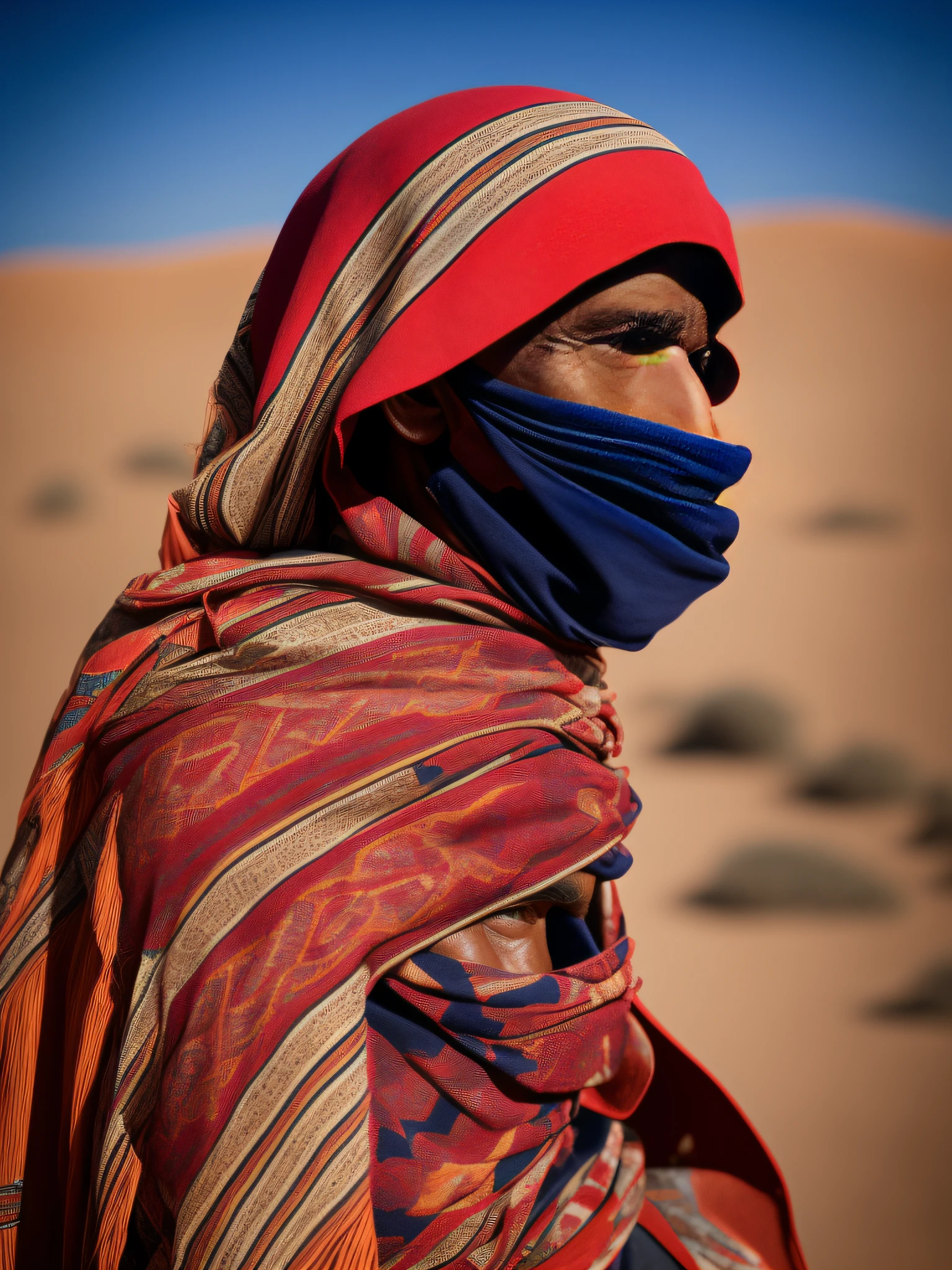 side view of a tuareg 1 man 30 years old, with his upper body wrapped in bandages, wearing a cloak that covers his face, revealing only eyes, high contrast, sunny day, side view, medium portrait