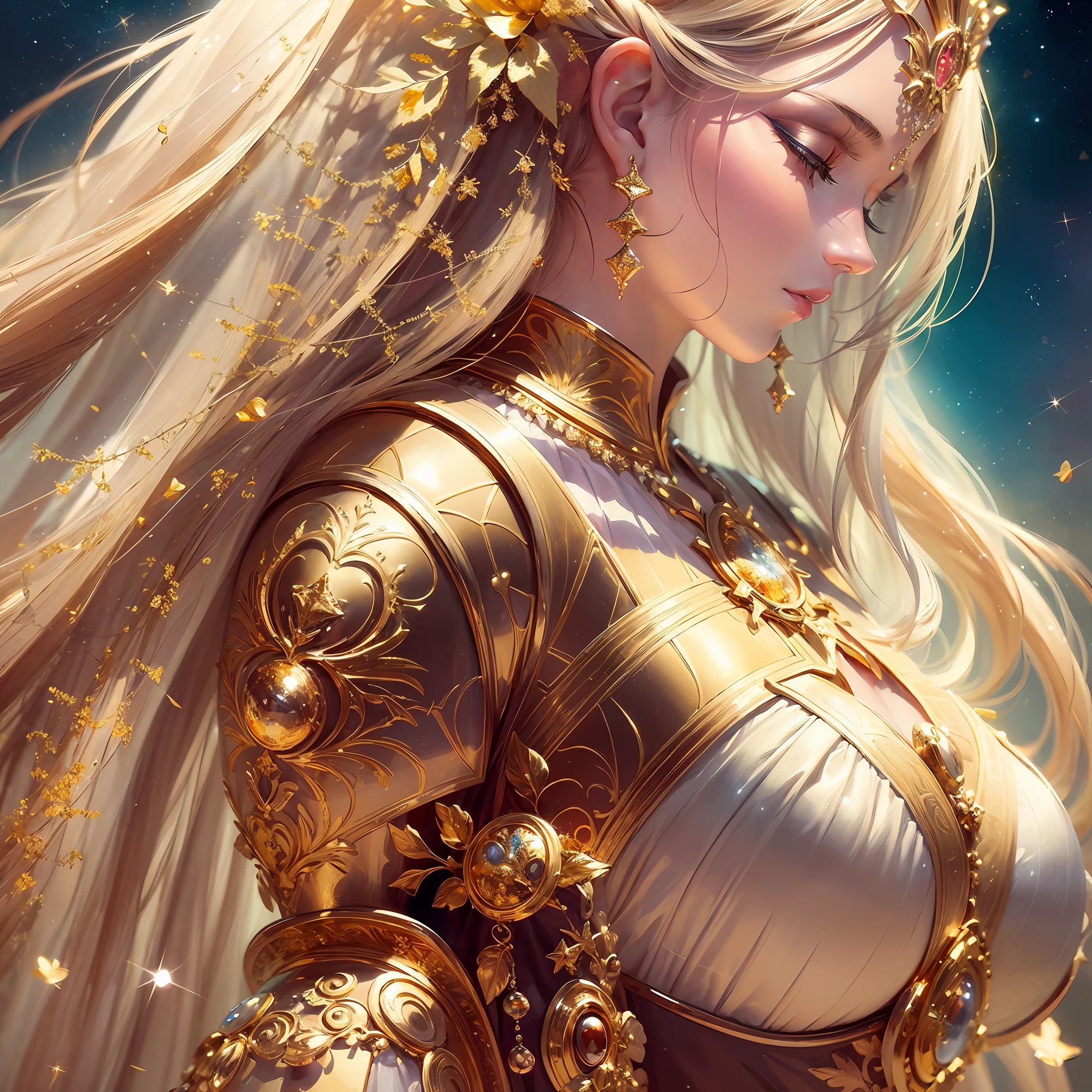 A closeup of a woman in a gold outfit with long pink hair, angelic golden armor, intricate white and gold armor, draped in shiny gold and silver, heavy white and gold armor, light gold, white and gold armor, but the armor covers her face, Krenz Cushart and Artgerm, gold with gold, gold and white, golden armor, cosmic shining background, --auto --s2