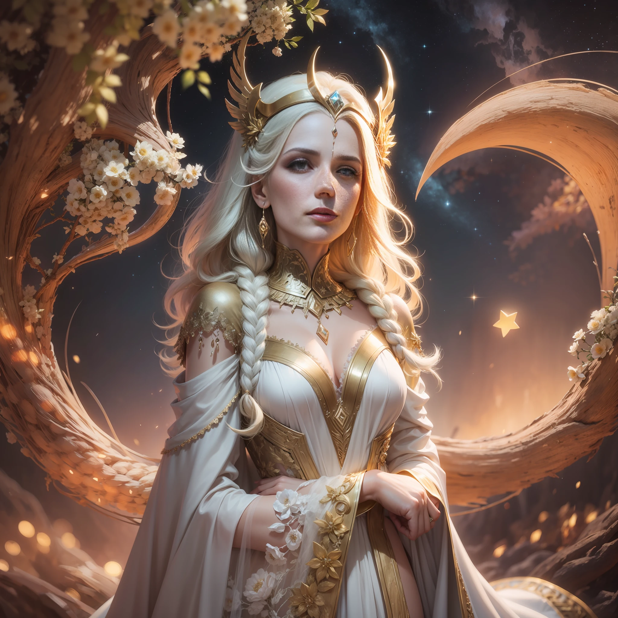 Deusa Hera, cabelo branco, idade 65 anos, sardas no rosto, sardas nos seios, braided hair, detalhado, roupa branca, roupa chiton, vestes longas, coroa de ouro, detalhes em dourado, flores branca, Poses gloriosas, noite, lua, estrelas, fundo olimpo, liminosidade, brilhante, ultra-realista, ray tracing