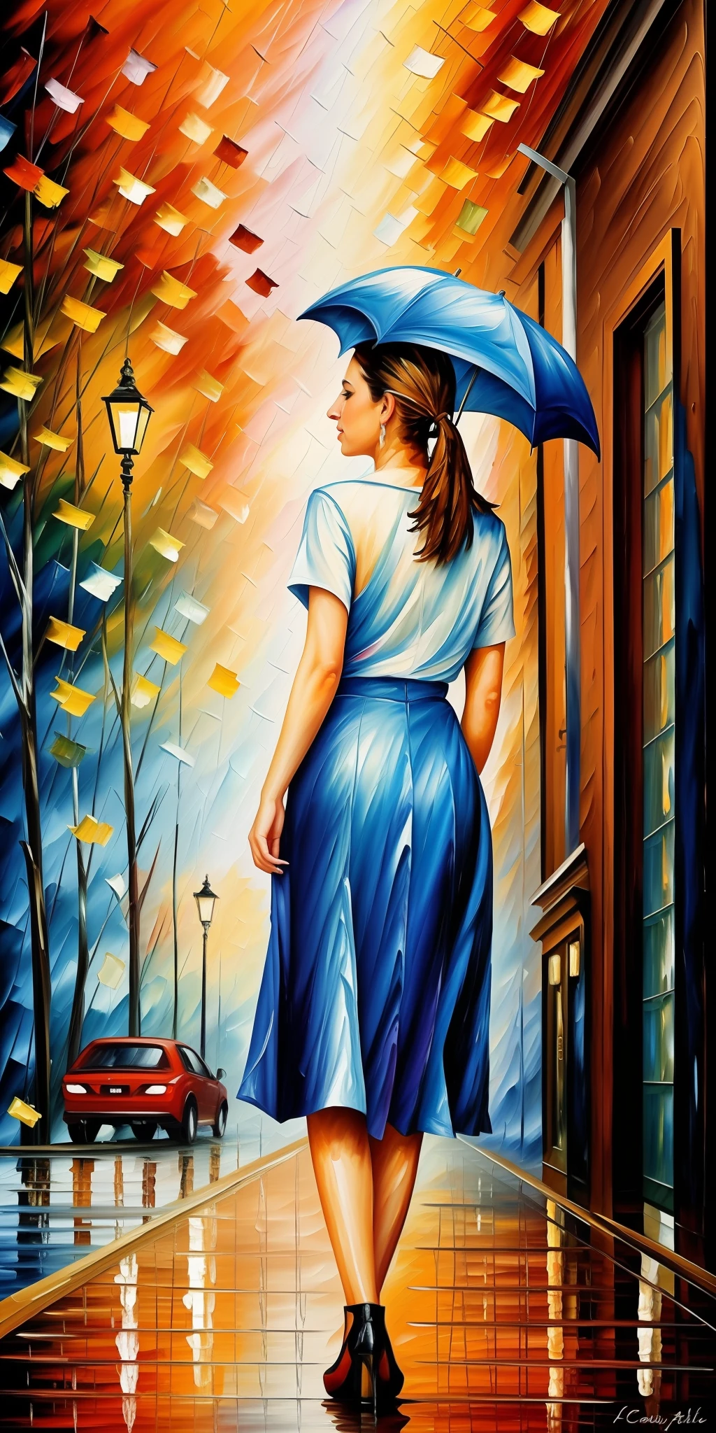 Una pintura de una mujer caminando por una calle empapada por la lluvia sosteniendo un paraguas, afremov, Afremov Leonid, bajo la lluvia, inspirado por Leonid Afremov, estilo de Leonid Apremov", Bailando bajo la lluvia, emotional oil painting, bajo la lluvia, ntricate oil painting, por Leonid Afremov, Pintura de bello