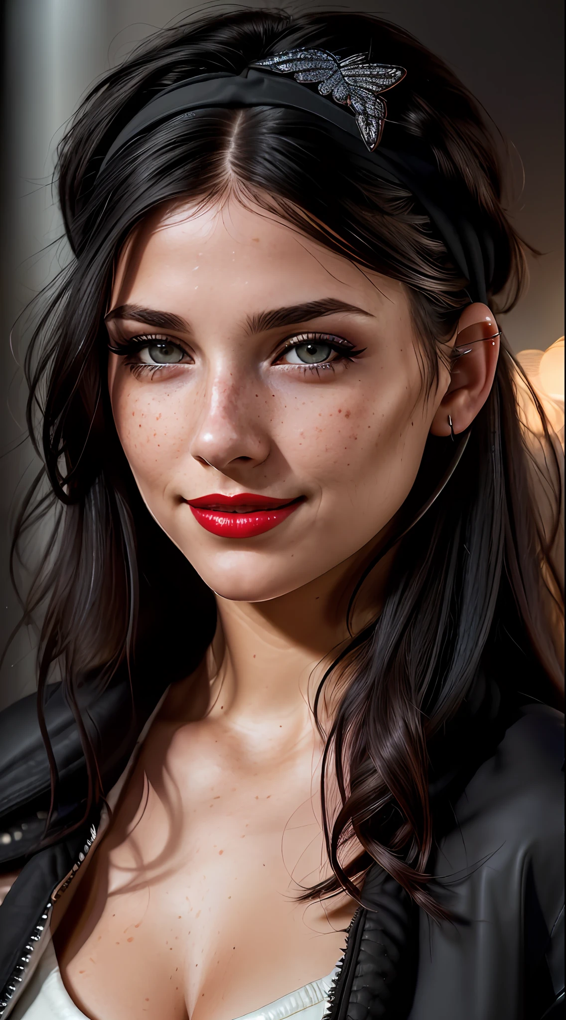 Photo of (sharp focus:1.2), attractive young woman, (beautiful face:1.1), detailed eyes, red lips, (eyeshadow:1.2), (winged eyeliner:1.2), (subtle smile:1.35), body freckles, (medium breasts:1.0), (toned body:1.2), (black hair:1.2), wearing (headband, open jacket:1.2) at (club:1.2). (dreamy lighting:1.2), depth of field, bokeh, 4K, HDR. by (James C. Christensen:1.2|Jeremy Lipking:1.1).