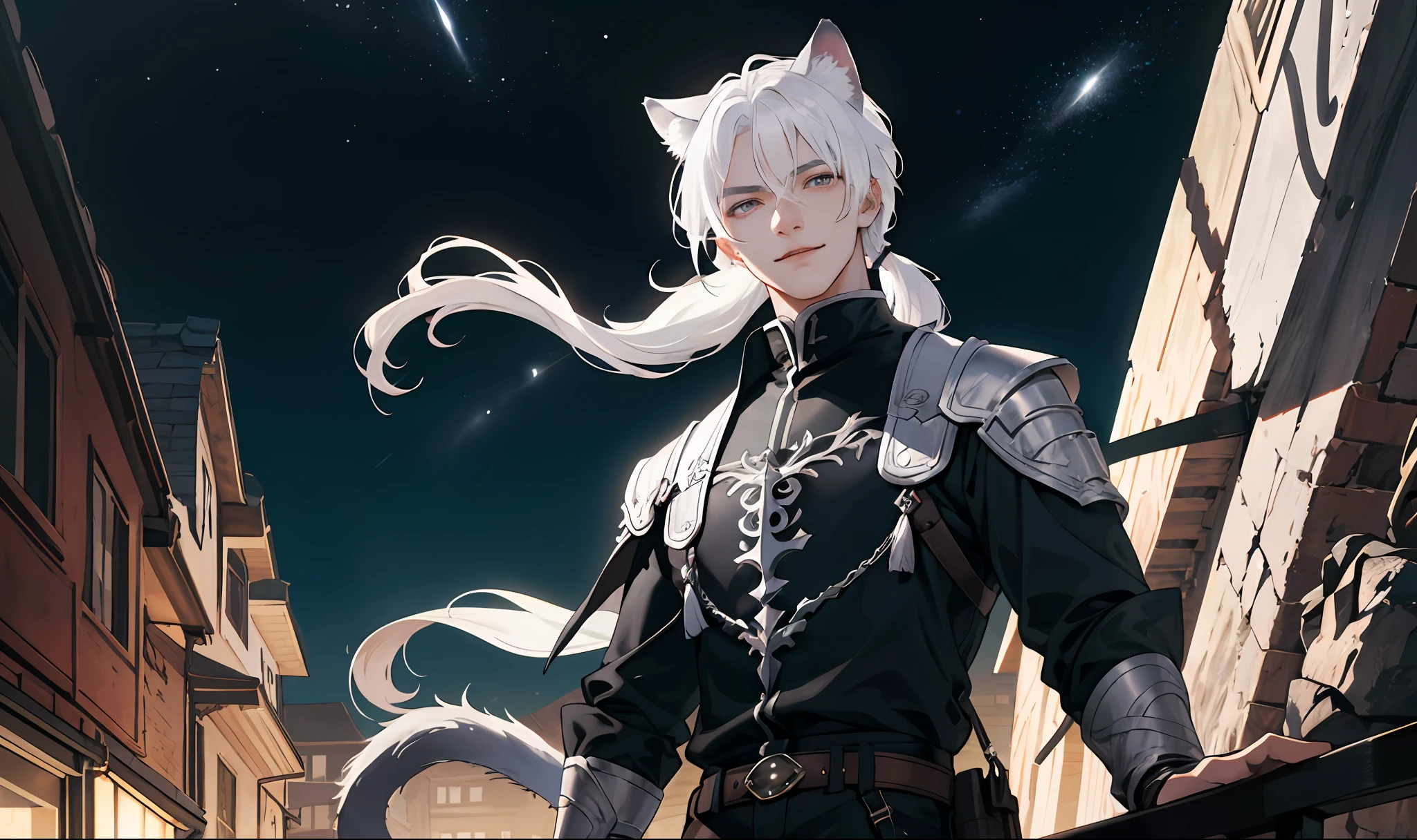 absurd, tall, ultra-detailed, extremely detailed eyes, (official art, beautiful and aesthetic: 1.2), (1girl),(1boy), extremely detailed, (fractal art: 1.3), colorful, most detailed, detailed art, ultra-detailed, 150mm analog lens, complex details, hyper-realistic, ultra-detailed, octa-based rendering, 8k post-production, iridescent colors, night, (realistic, photo-realistic:1.4), (((1girl)), (((1boy))), girl, ((black and white hair)), wolf ears, half hair black, half hair white, two-tone hairstyle, thigh-length, white hair, 2 hair tones, 2 hair colors),(1boy, white hair, hairstyle ponytail, ponytail, cat ears,) mercenaries, tavern, fantasy, evil smile, voluminous soft light, lilac eyes, gray eyes, (Masterpiece, Best Quality, High Resolution: 1.4), Detailed, Complex Details, 4K, Full Height, ((2 characters)), romance, night, stars, detailed background