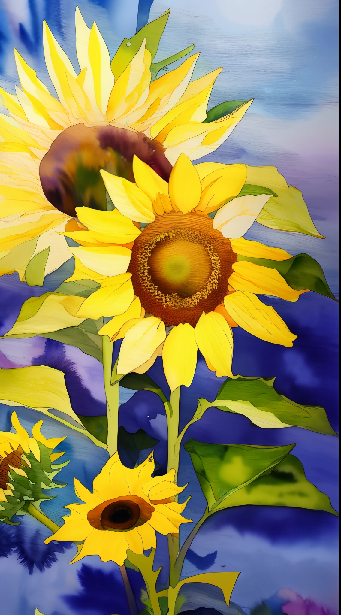 watercolor style, (sunflowers and daisies) digital art, official art, blown by the wind, masterpiece, beautiful, ((watercolor)), paint splatter, intricate detail. Great detail, [dripping:0.7], Trending on Artstation, Rachel Walker