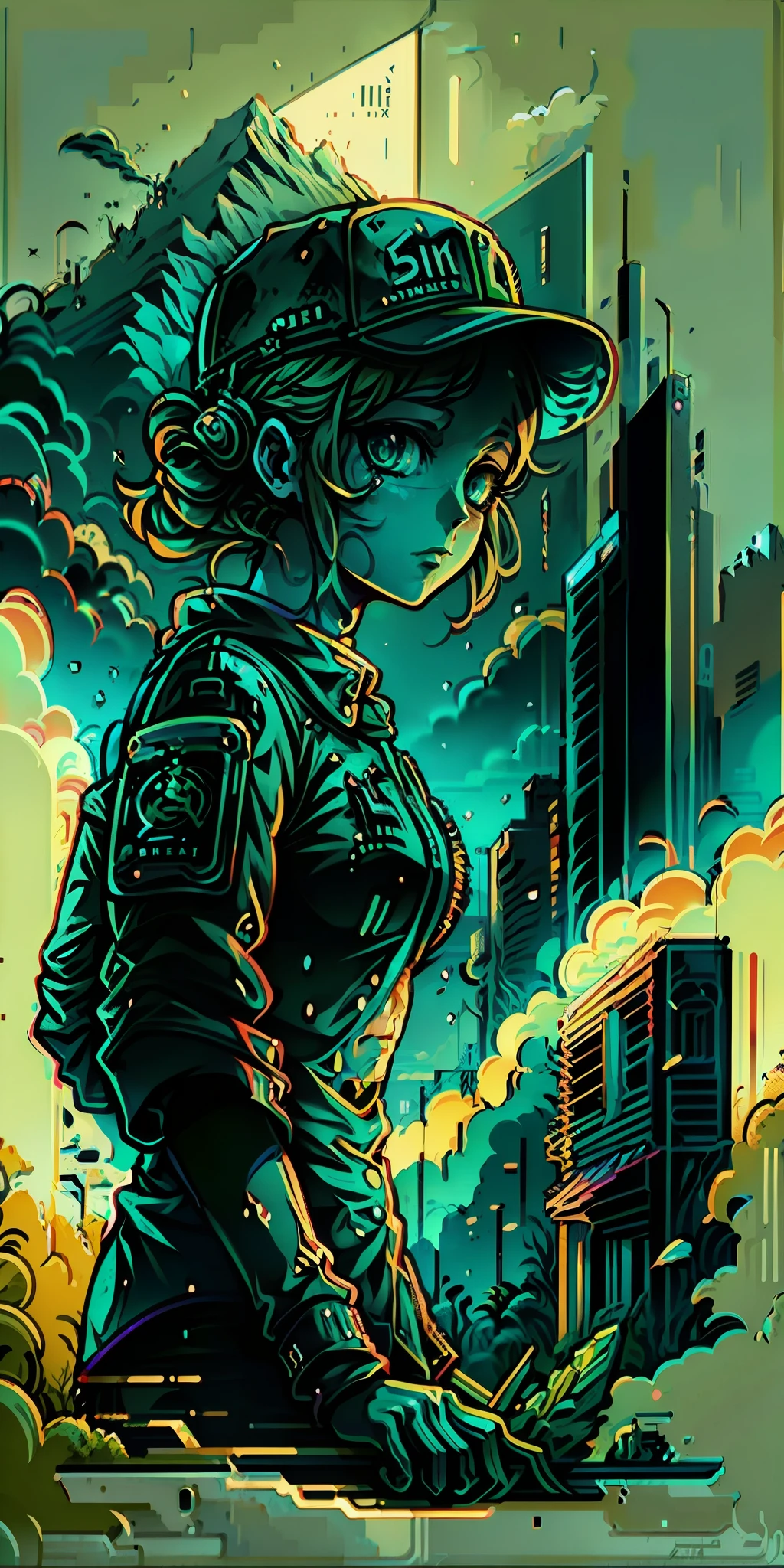 blond haired girl in a baseball cap using a cell phone, digital anime illustration, glowwave girl portrait, digital anime style art, Art not Guweiz style, digital anime style art, soft anime illustration, art deco outrun anime aesthestic, digital illustation, digital character illustration, Anime Girl of the Future, Digital Anime Art, Digital Anime Art