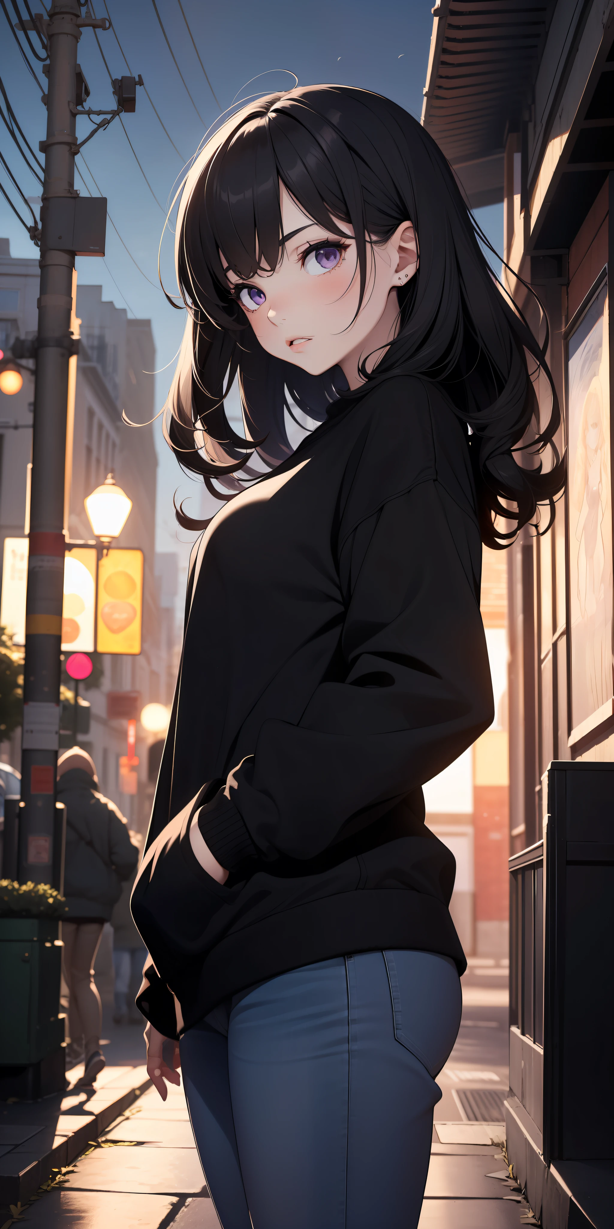 (masterpiece:1.4), 1girl, without face, without eyes, without mouth, pale white skin, sweatshirt and jeans, street, (masterpiece, best quality, highres, ultra detailed ), night, depth of field, absurdres, (masterpiece:1.4), ultra-detailed, 1girl, stand up, black and violet, long black fluttering hair, wildly giant hair