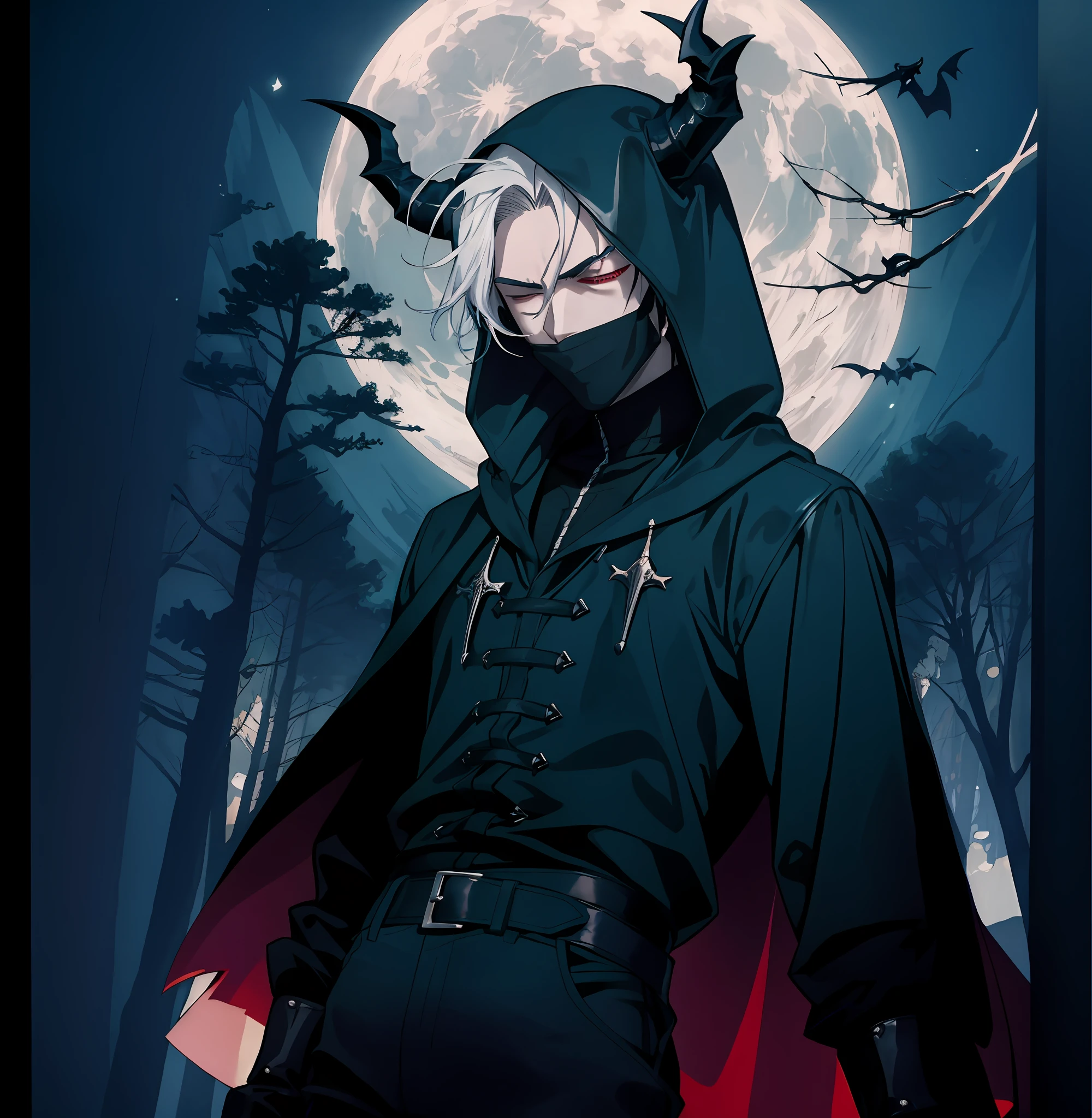 anime - Imagen de estilo de un vampiro masculino con una chaqueta negra con capucha y capa roja, Chico guapo en el arte de Demon Slayer, Trigger anime artstyle, badass anime 8 k, Johan Liebert mezclado con Alucard, androgynous vampire, Arte clave del anime, anime lush john 8k woods, digital anime illustration, Estilo anime masculino, El vampiro, Personaje de estilo anime, closed eyes