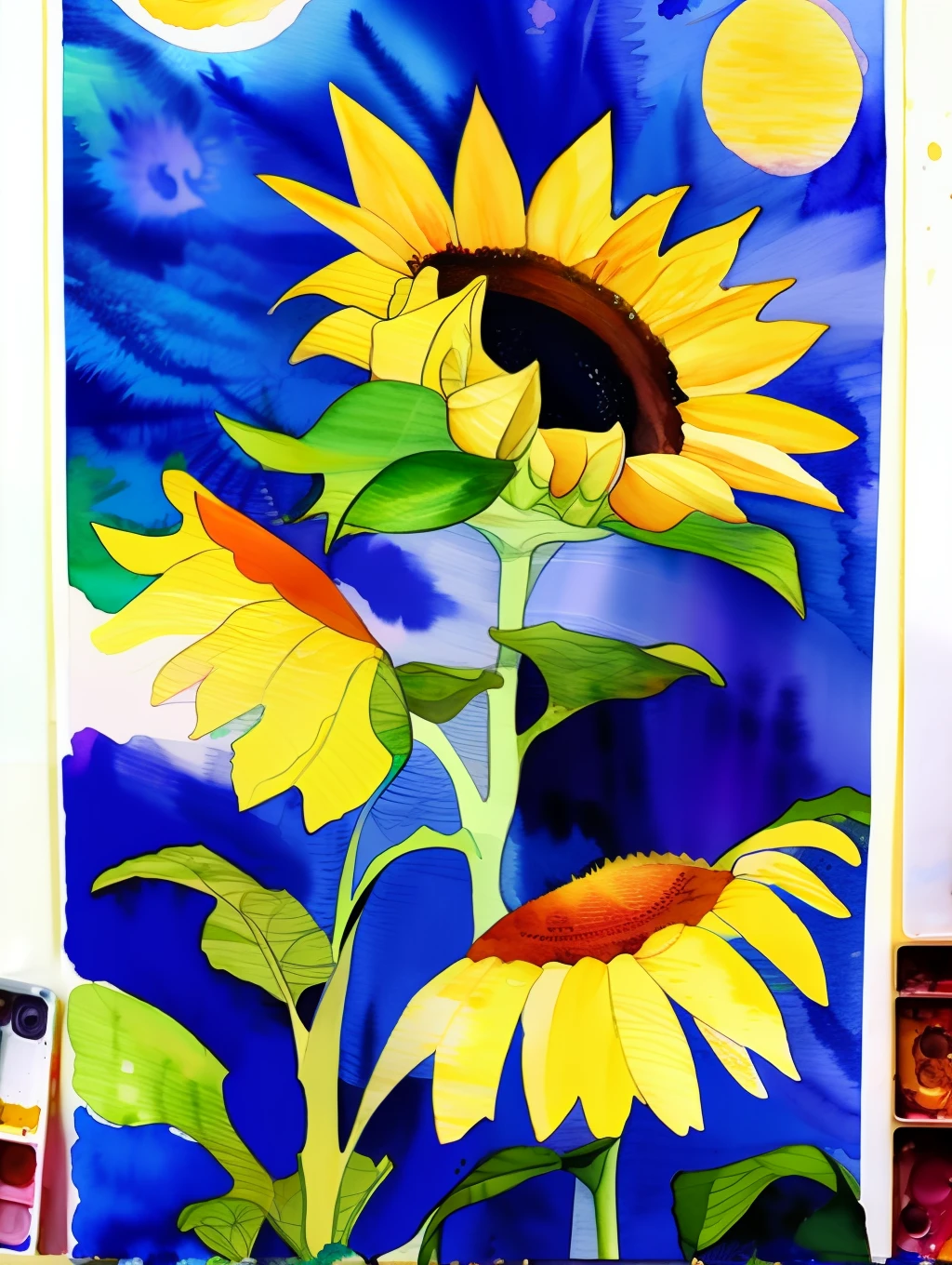 watercolor style, (sunflowers and daisies) digital art, official art, blown by the wind, masterpiece, beautiful, ((watercolor)), paint splatter, intricate detail. Great detail, [dripping:0.7], Trending on Artstation, Rachel Walker