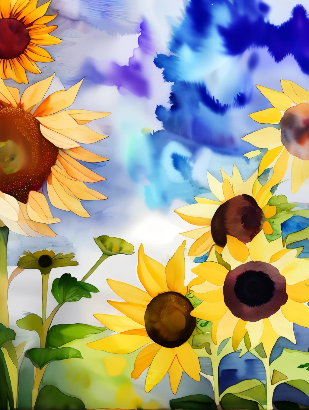 watercolor style, (sunflowers and daisies) digital art, official art, blown by the wind, masterpiece, beautiful, ((watercolor)), paint splatter, intricate detail. Great detail, [dripping:0.7], Trending on Artstation, Rachel Walker