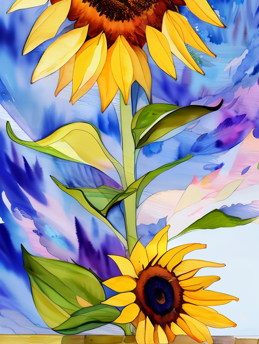 watercolor style, (sunflowers and daisies) digital art, official art, blown by the wind, masterpiece, beautiful, ((watercolor)), paint splatter, intricate detail. Great detail, [dripping:0.7], Trending on Artstation, Rachel Walker
