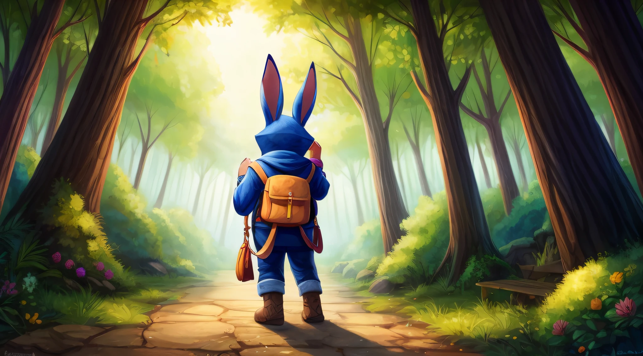 raposa aventureira com mochila, Lone guardian who protects an enchanted forest